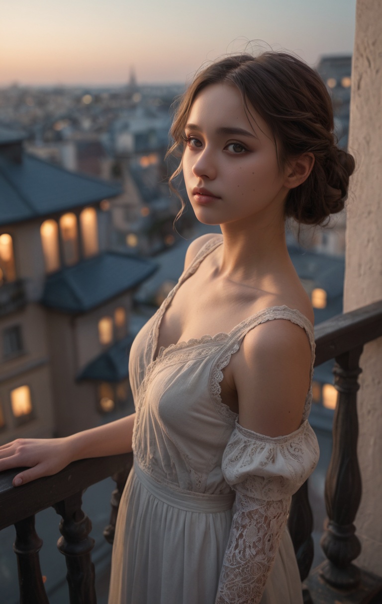 A girl,  on the top floor balcony,  holding on to the railing on Tensor.Art