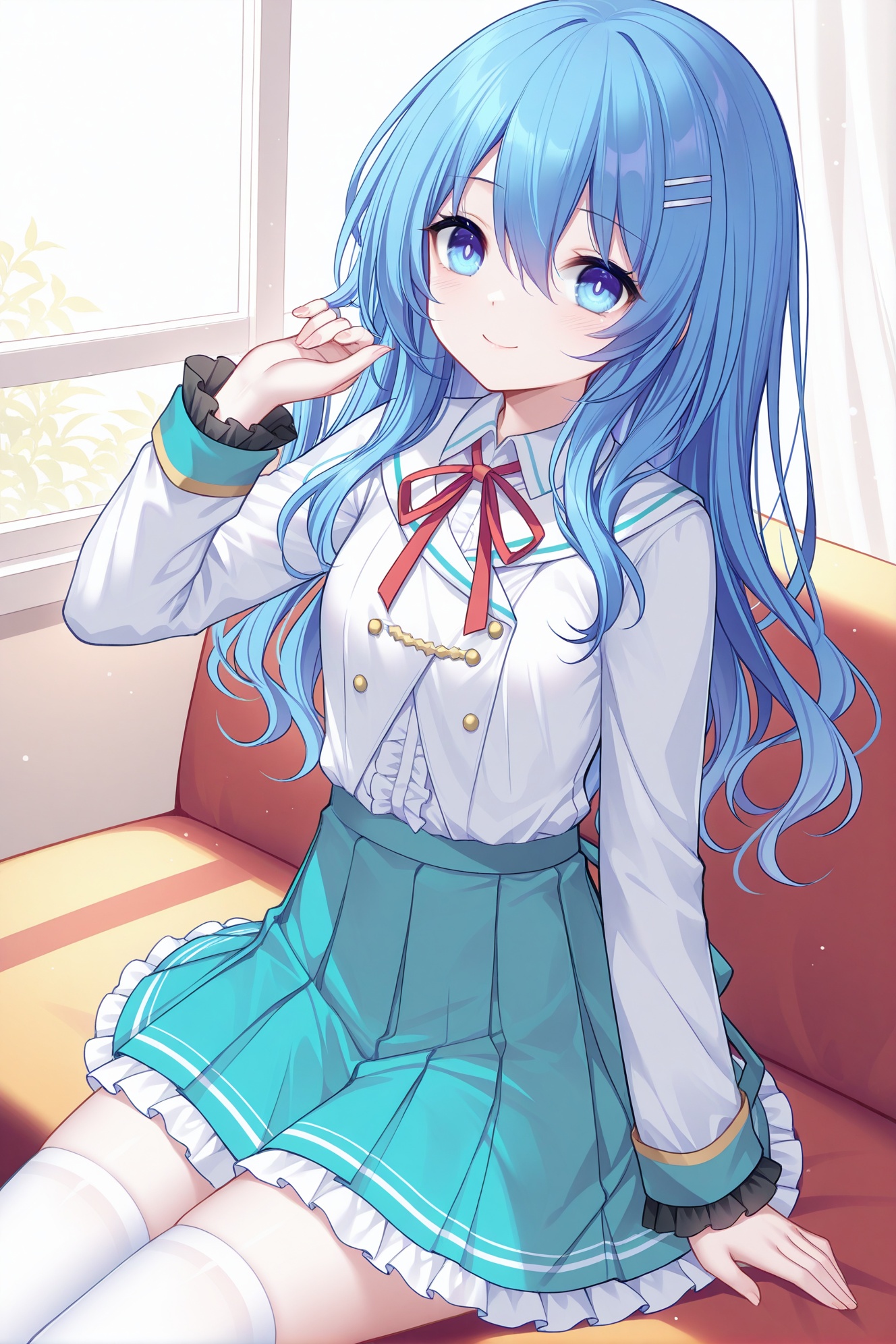 masterpiece, best quality, newest, absurdres, highres,(quan \(kurisu tina\):0.6, ),(chen bin:0.5),(rimuu:0.5),(mignon:0.5),(sheya:0.5),,petite pretty little girl, himekawa yoshino(serei), 1girl, blue hair, blue eyes,long hair, hairclip,smile,  liliai, school uniform, neck ribbon, aqua skirt, white shirt, pleated skirt, frilled sleeves, frilled skirt, <lora:yzzbht——【Illustrious】hans:0.6>,<lora:YoshinoXLNAI:1>,<lora:liliaiXLNAI:1.6>