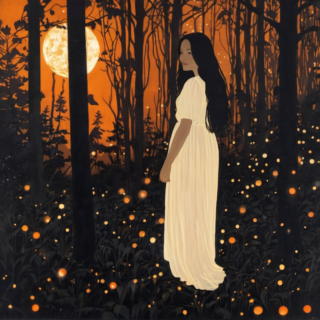 <lora:ukiyo-e_xl:1>,silhouette painting, ethereal ambiance, 1girl, orange theme, solo, long hair, blonde hair, dress, very long hair, standing, outdoors, white dress, tree, glowing, halo, nature, scenery, forest, bubble, dark, night, moon, light, crescent moon, a mystical and ethereal forest scene at night, the forest floor is illuminated by a myriad of glowing orbs, some of which resemble fireflies, while others have a more luminescent quality. these orbs cast a soft and radiant light that contrasts with the darker shadows of the trees and foliage, a tall and glowing silhouette of a girl with long flowing hair, standing amidst the orbs, serene, magical, and otherworldly., nocturnal, glow, orbs, fireflies, radiant light, luminescent, translucent, ambiance