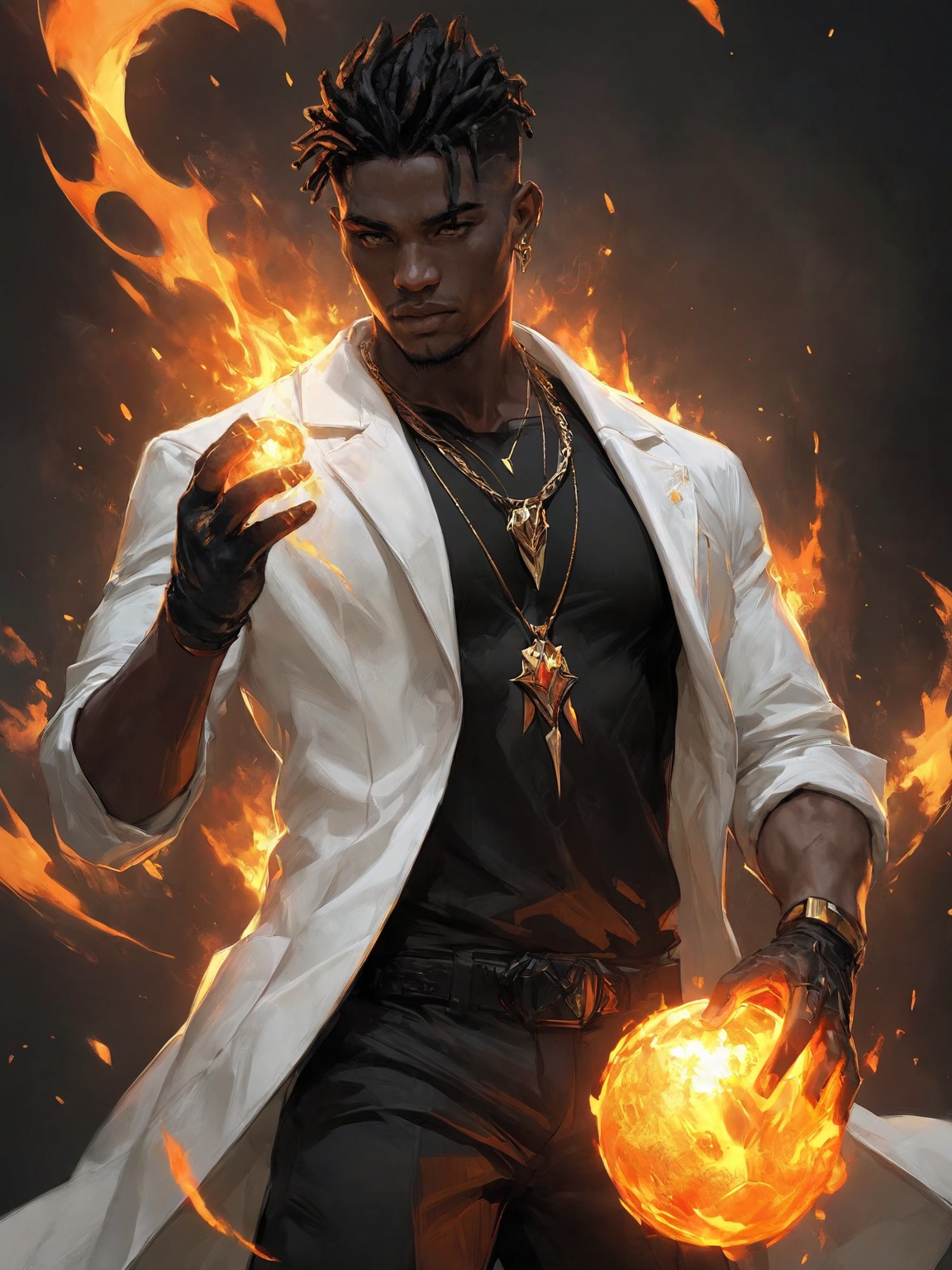 Phoenix,1boy,jewelry,dark-skinned male,male focus,dreadlocks,dark skin,solo,fire,necklace,black hair,earrings,gloves,This is a digital painting of a muscular,dark-skinned man with short,spiky black hair,wearing a white lab coat over a black shirt and pants. He holds a glowing,orange ball of fire in his right hand,with flames erupting around him. His expression is intense,and he has a gold necklace with a pendant. The background is dark and blurred,emphasizing the subject. No watermark is present. The depth of field is shallow,focusing on the man and the fireball.,looking_at_viewer,real,ray tracing,ultra sharp,ultra high resolution,(masterpiece),(best quality),super detailed,extremely delicate and beautiful,exquisite facial features,super delicate face,cinematic light,detailed environment,ultra realistic details,facing camera,finely detailed features,cinematic lighting effects,photoreal,32k uhd,cinematic lighting effects,