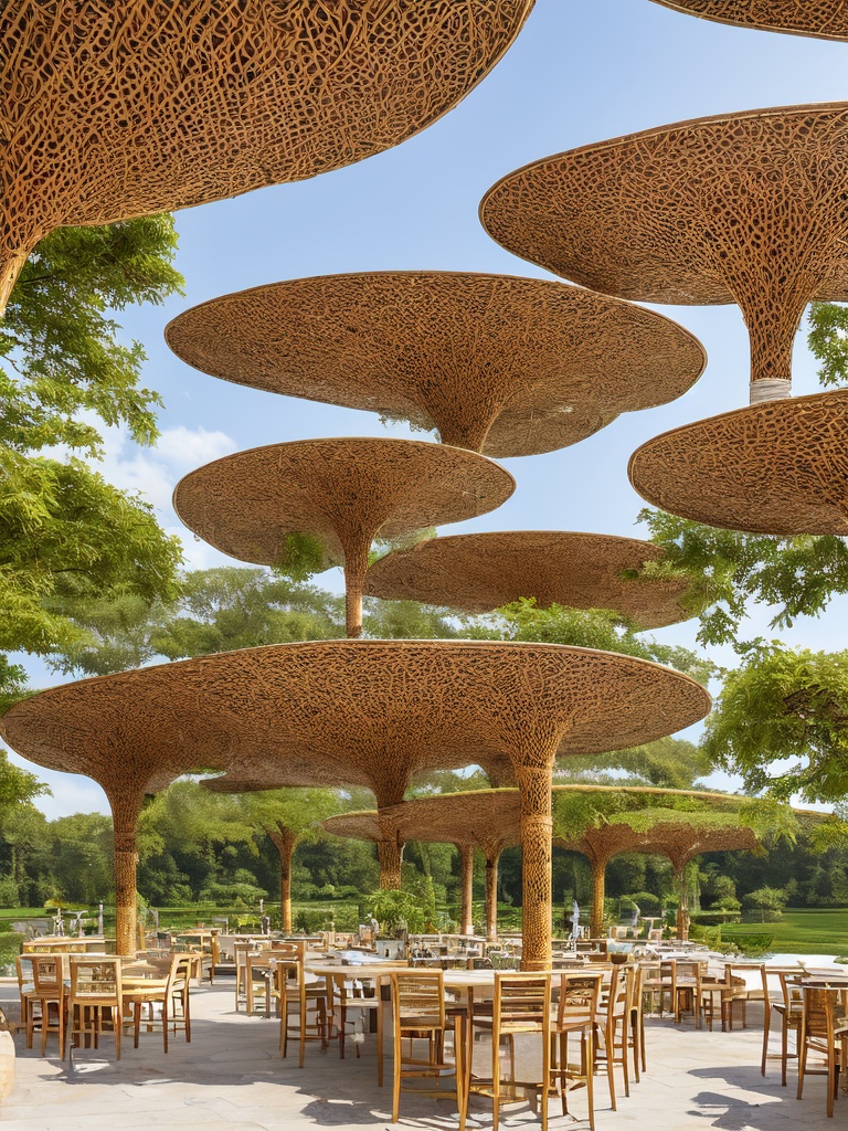 Best quality,masterpiece,ultra detailed,complex architecture,RAW simulation photos,art station trends,wide-angle photos,<lora:20240102-1704177466587:0.6>,restaurant,made of rattan,granule,aerial view,a field full of yellow rape flowers,in spring,somewhere beyond the mist / blue sky and white clouds,rattan gazebo,