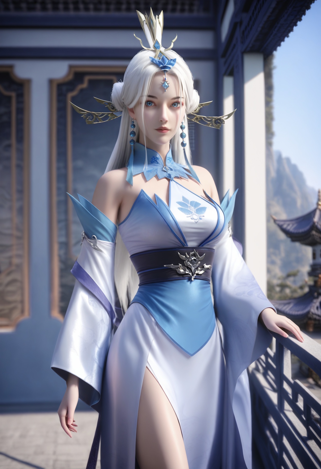 Donghuang_taixin,1girl,hair ornament,white hair,long hair,earrings,jewelry,bare shoulders,bare legs,blurry background,gem,circlet,hair stick,<lora:Donghuang_taixin_10_illu-000005:0.75>,dress,white dress,blue dress,detached sleeves,sash,chinese clothes,wide sleeves,ribbon,photorealistic,hyperrealistic,<lora:realistic filter [IL]:1>,(pale skin:1.1),looking at viewer,standing,lantern,open window,looking at viewer,indoors,mountains,blossoms,flowers,east asian architecture,beautiful sunrise,warm ambient temperature,