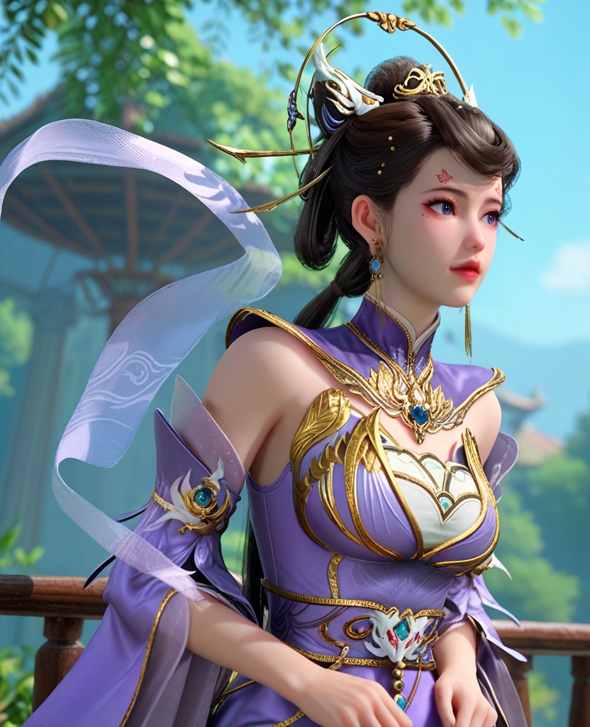 (oriental architecture, elegant decor, sophisticated style:1.1),(Leaning against a fence or railing, looking away, as if waiting for someone or something,:1.1),(breasts:1.2),<lora:XL师兄啊狐狸精小兰:0.95>,miss xiaolan,purple tight dress,forehead butterfly mark,mole under right eye,black hair,twintails,hair bun,blue eyes,bare shoulders,earrings,jewelry,hair ornament,blue gemstone,detached sleeves,shawl,, score_9,score_8_up,score_7_up,score_6_up,score_5_up,score_4_up,3d rendering,tag1,tag2, Cinematic Lighting,backlighting,
