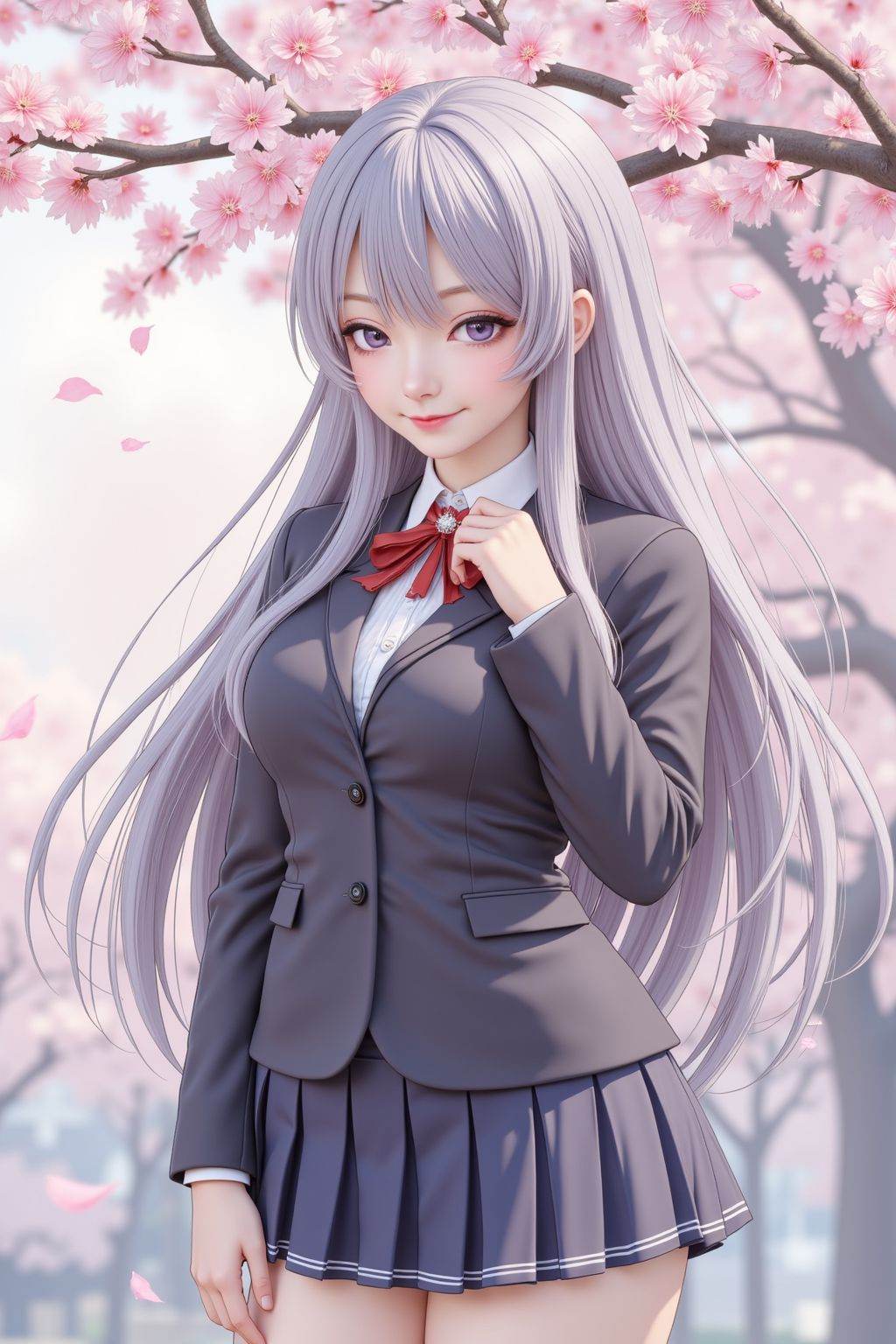 1girl,school uniform,skirt,smirk,solo,long hair,looking at viewer,peach tree,peach blossom,petals,closed mouth,