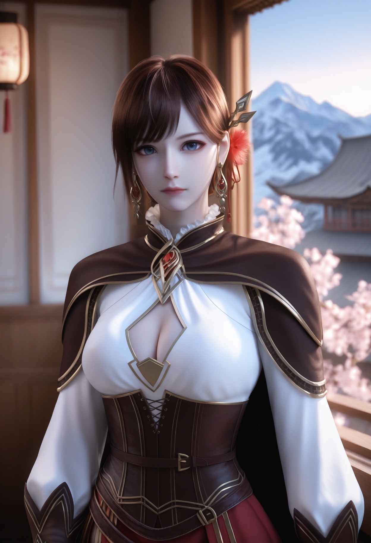 He_di,1girl,brown hair,earrings,hair ornament,jewelry,cleavage,blue eyes,blurry background,short hair,corset,cowboy shot,bangs,<lora:He_di_10_illu-000006:0.75>,cape,gloves,high heels,brown footwear,skirt,thigh boots,long sleeves,red skirt,side slit,clothing cutout,cleavage cutout,photorealistic,hyperrealistic,<lora:realistic filter [IL]:1>,(pale skin:0.7),looking at viewer,standing,(upper body:1.2),close up,head shot,lantern,open window,looking at viewer,indoors,mountains,blossoms,flowers,east asian architecture,beautiful sunrise,warm ambient temperature,