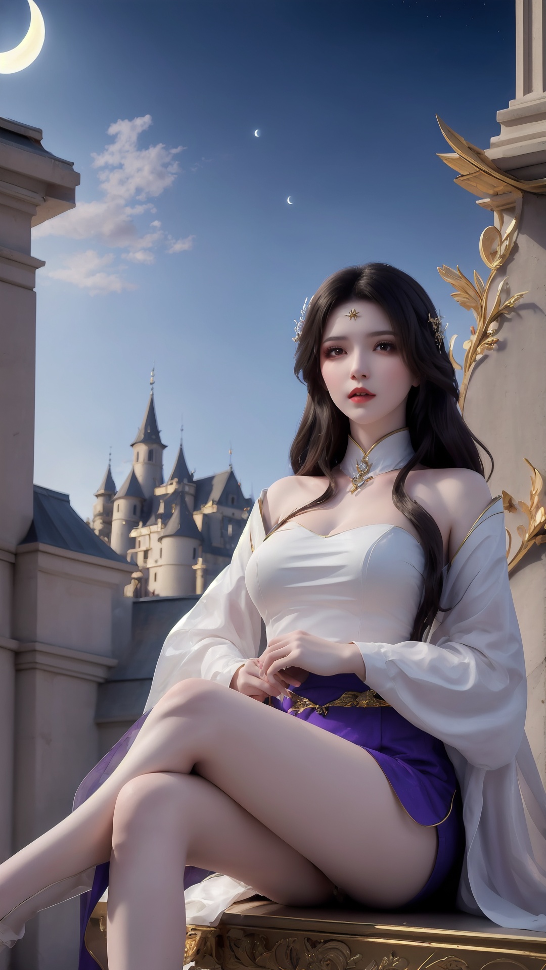 The image is a digital illustration of a young woman sitting on a throne. She is wearing a white and purple outfit with gold accents. The outfit has a high neckline and long sleeves. She has long dark hair that is styled in loose waves and falls over her shoulders. The woman is sitting with her legs crossed and her hands resting on her lap. The background is a dark blue sky with a crescent moon and a castle in the distance. The overall mood of the image is mystical and regal..,<lora:1.5玄衣lora-000001.by_tusi:0.8>,