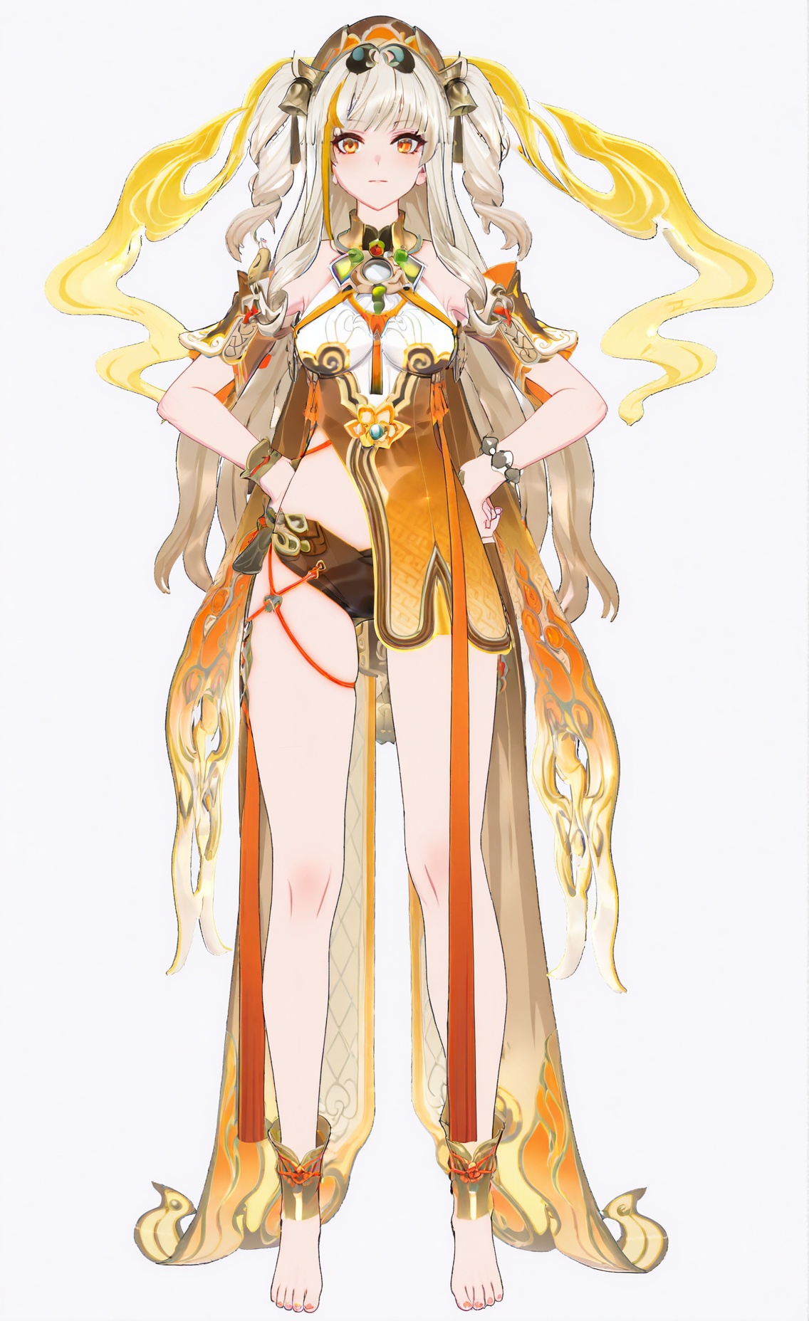 8k, best quality, masterpiece, (ultra-detailed), (high detailed skin), (white background:1.3), (full body:1.25), (white background), standing, looking at viewer, (solo), hands on hips, <lora:songque-artiwaifu-Tanger-000013:0.8>, songque, 2nd clothes, shen2, golden clothes, 1girl, long hair, jewelry, barefoot, two side up, multicolored hair, (beautiful_face), ((intricate_detail)), clear face, ((finely_detailed)), fine_fabric_emphasis, ((glossy)), full_shot, 