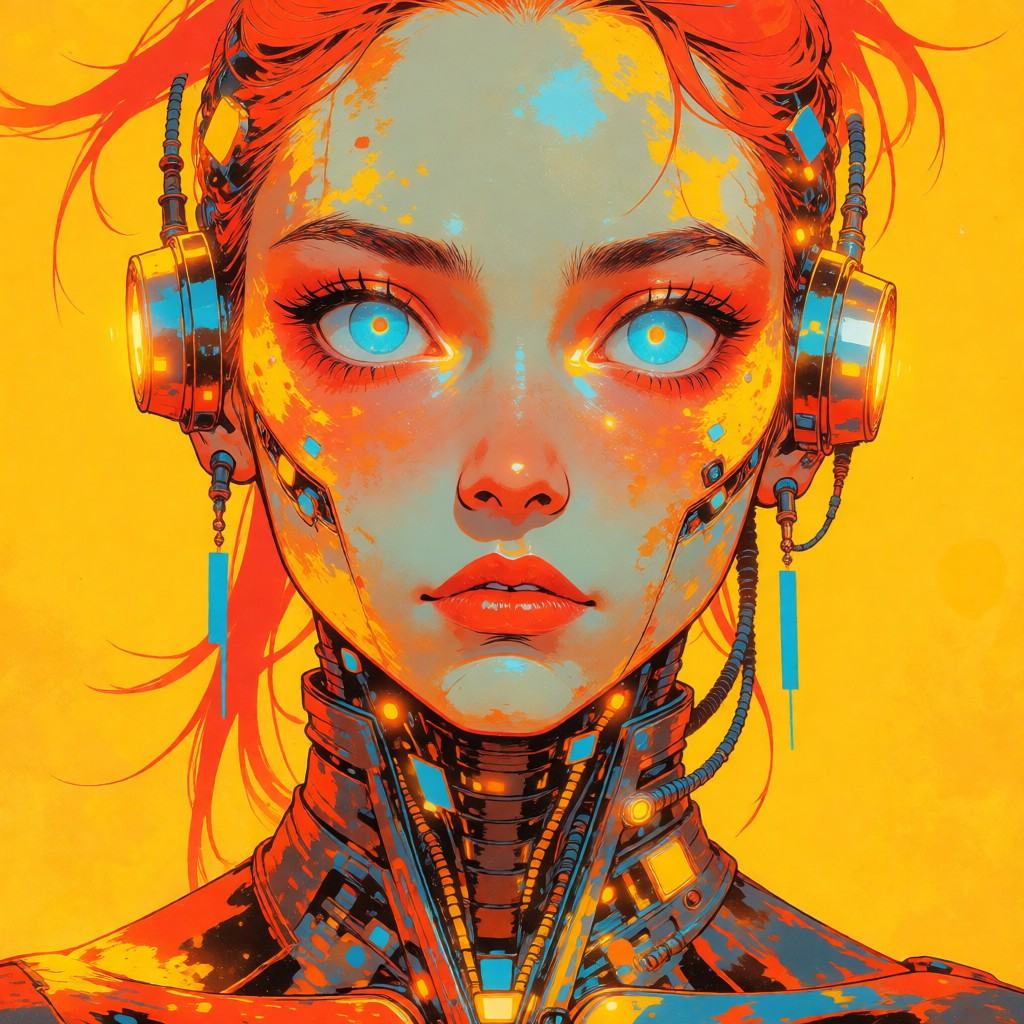 Neo-Graphic Noir,  a close-up portrait of a cyberpunk female android with glowing blue optical sensors,  intricate mechani...