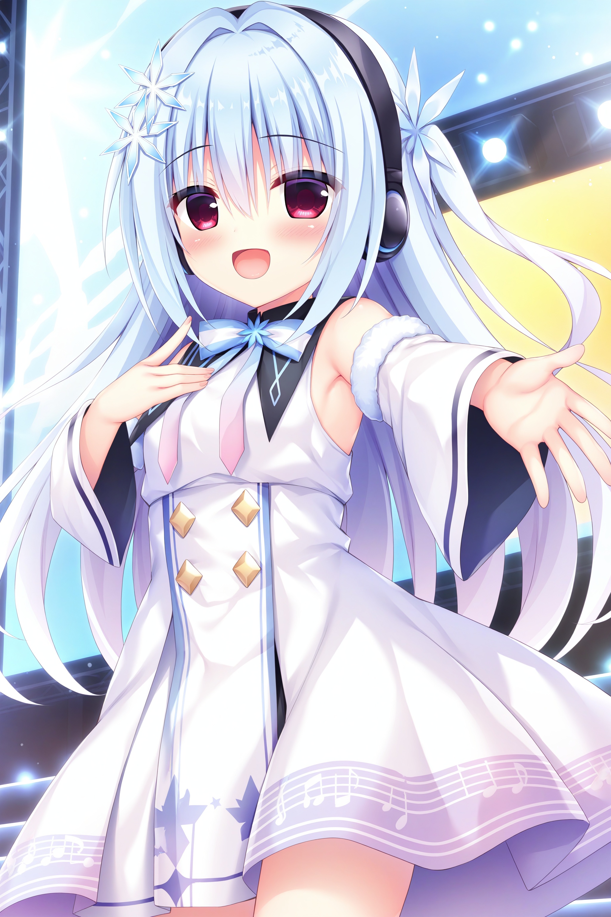 quality,amazing quality,very aesthetic,absurdres,1girl,asu \(vtb\),long hair,solo,:d,open mouth,smile,detached sleeves,red eyes,very long hair,hair between eyes,white sleeves,bangs,floating hair,looking at viewer,headphones,long sleeves,hair ornament,hair intakes,blush,snowflake hair ornament,sleeveless,standing,fur trim,shiny,shiny hair,ribbon,musical note,dress,stage,blue hair,wide sleeves,outstretched arm,