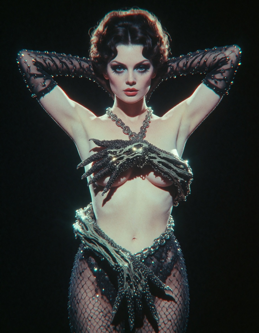 a analog screengrab of 70s horror with chromatic abberration of a woman with a fancy updo naked and nude adorned with an e...