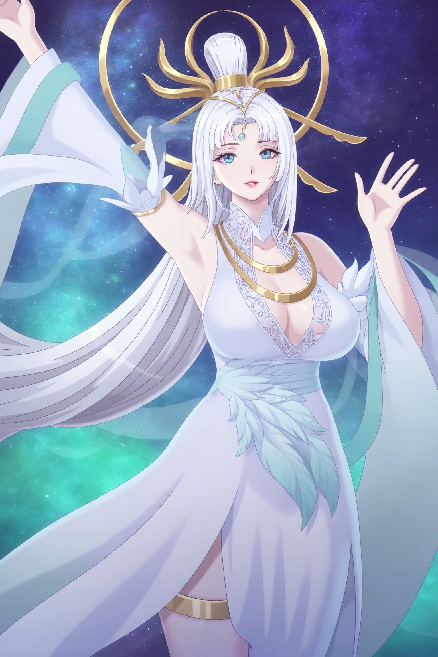 (arms_up:1.1),(waving:1.1),1girl,solo,gaden,the background is full of flowers,starry Nebula,beautiful detailed sky,looking at viewer,hand up,1girl,pale skin,<lora:梦幻新诛仙-玲珑IL-2D:0.8>,1girl,white hair,long hair,white dress,detached sleeves,hair ornament,bare shoulders,blue eyes,jewelry,eyelashes,hat,