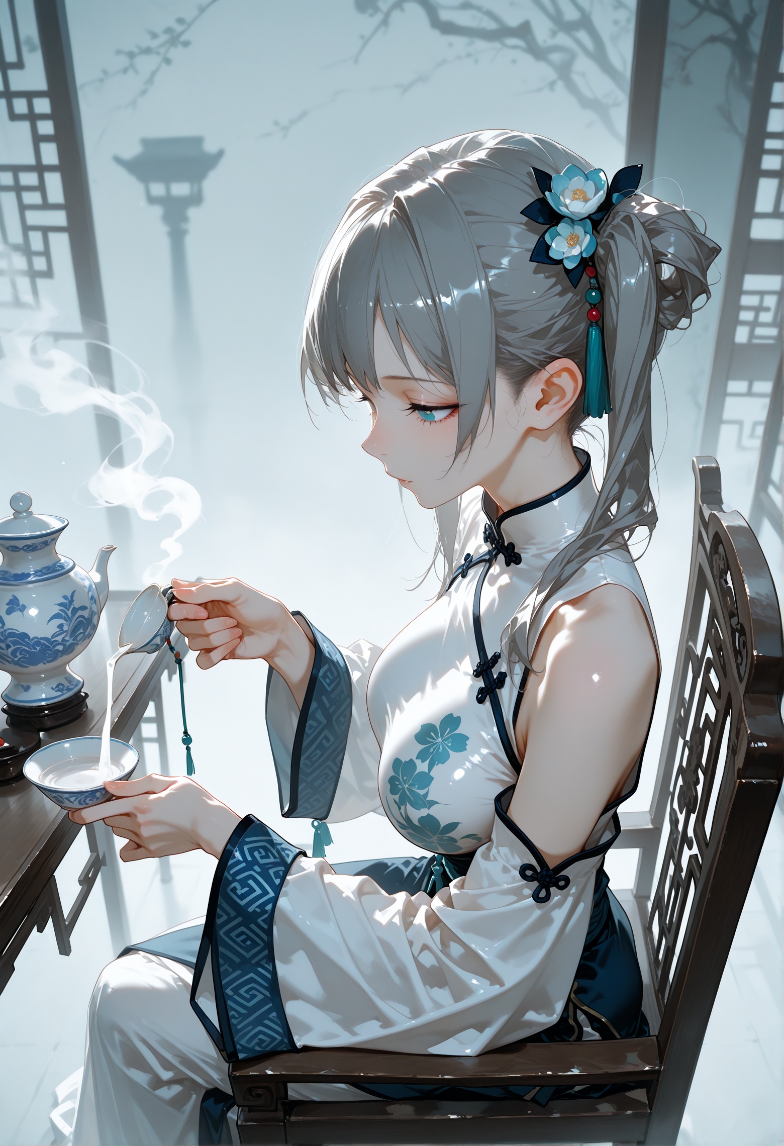 masterpiece,best quality,good quality,very awa,very aesthetic,absurdres,newest,(dino_(dinoartforame):0.5),(yoneyama mai:0.5),1girl,grey hair,Side ponytail,large breasts,cyan_eyes,chinese clothing,long_sleeves,wide cuffs,shoulders,exquisite scene,antiqq,blue and white porcelain,girl sitting in a quaint chair,carved rosewood furniture,exquisite face,longeyelashes,face focus,plum_blossom,fog,strong color contrast,censer,from side,from above,holding,take the teacup,
