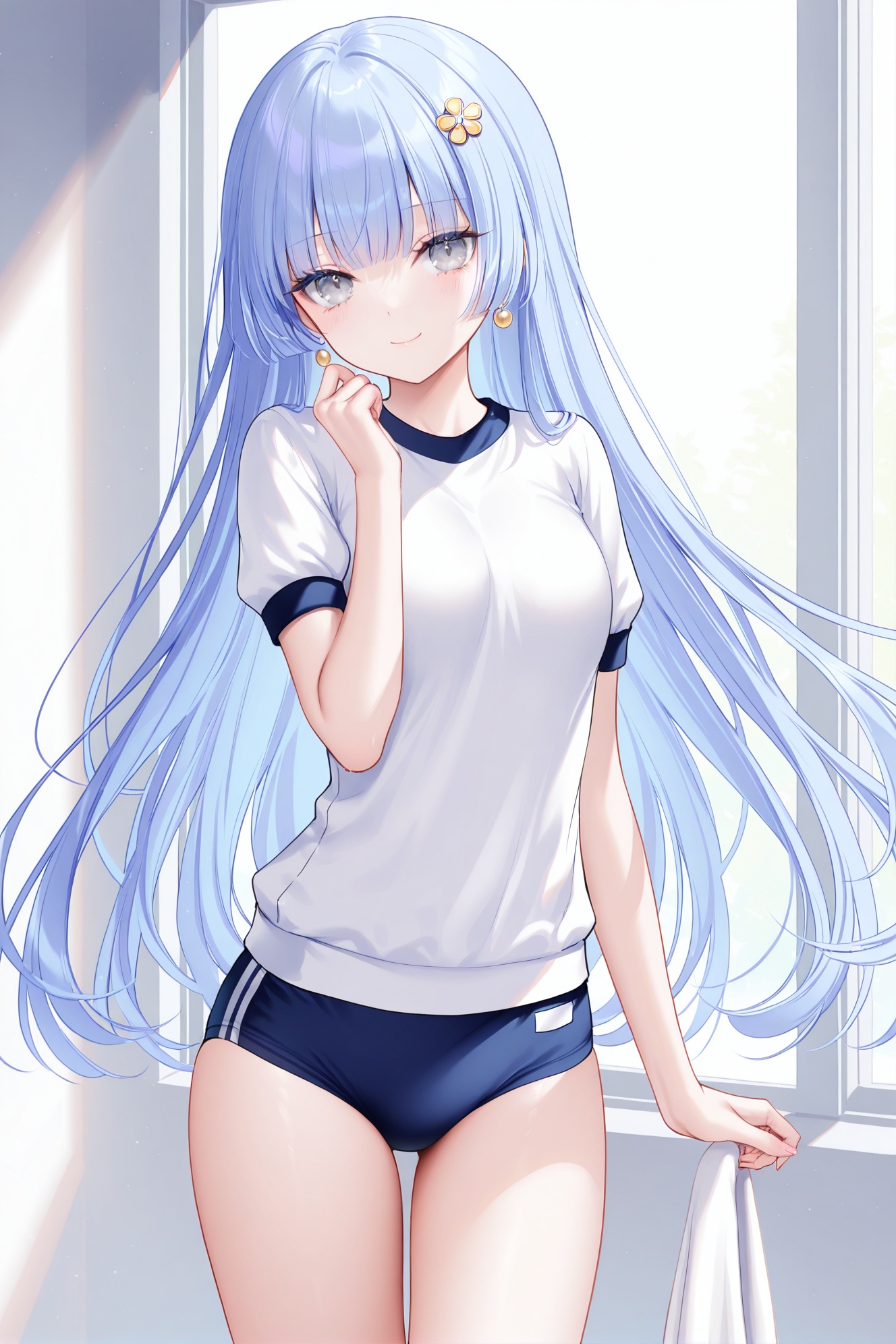 masterpiece, best quality, newest, absurdres, highres,(chen bin: 0.5),(hiten \(hitenkei\):0.4),(rimuu:0.5),(mignon:0.5),(sheya:0.6),solo,, izayoi miku(nor), 1girl, long hair, hair ornament, blue hair, grey eyes,smile,gym uniform,standing, buruma,panties under buruma<lora:yzzbht——【Illustrious】hans:0.4>,<lora:izamikuXLNAI:1>