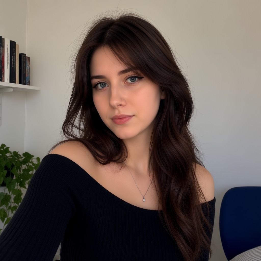 This photograph features a young woman with fair skin and long,  wavy,  dark brown hair that falls past her shoulders. She...