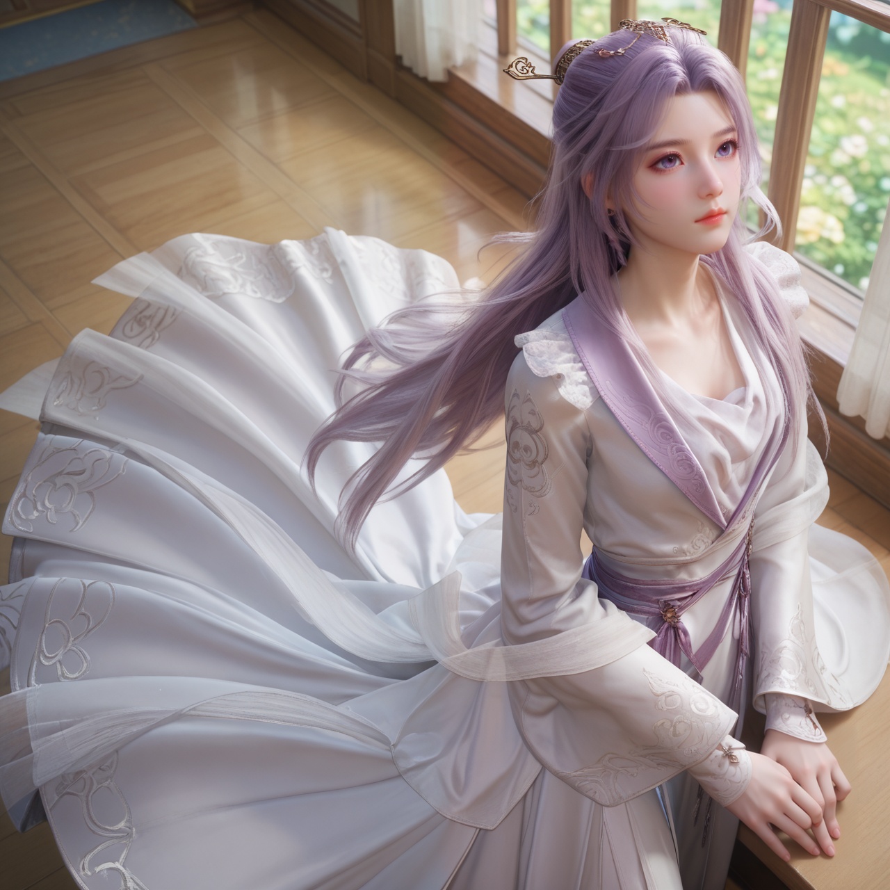 score_9,score_8_up,score_7_up,score_6_up,best quality,detailed clothes,masterpiece,8k,simple background,sfw,rim light,perfect hands,<lora:云霄-师兄啊师兄-pony:0.8>,yunxiao,1girl,dress,solo,hair ornament,from above,long sleeves,looking up,in white palace,on side,curtains,(side slit:1.1),leaning,