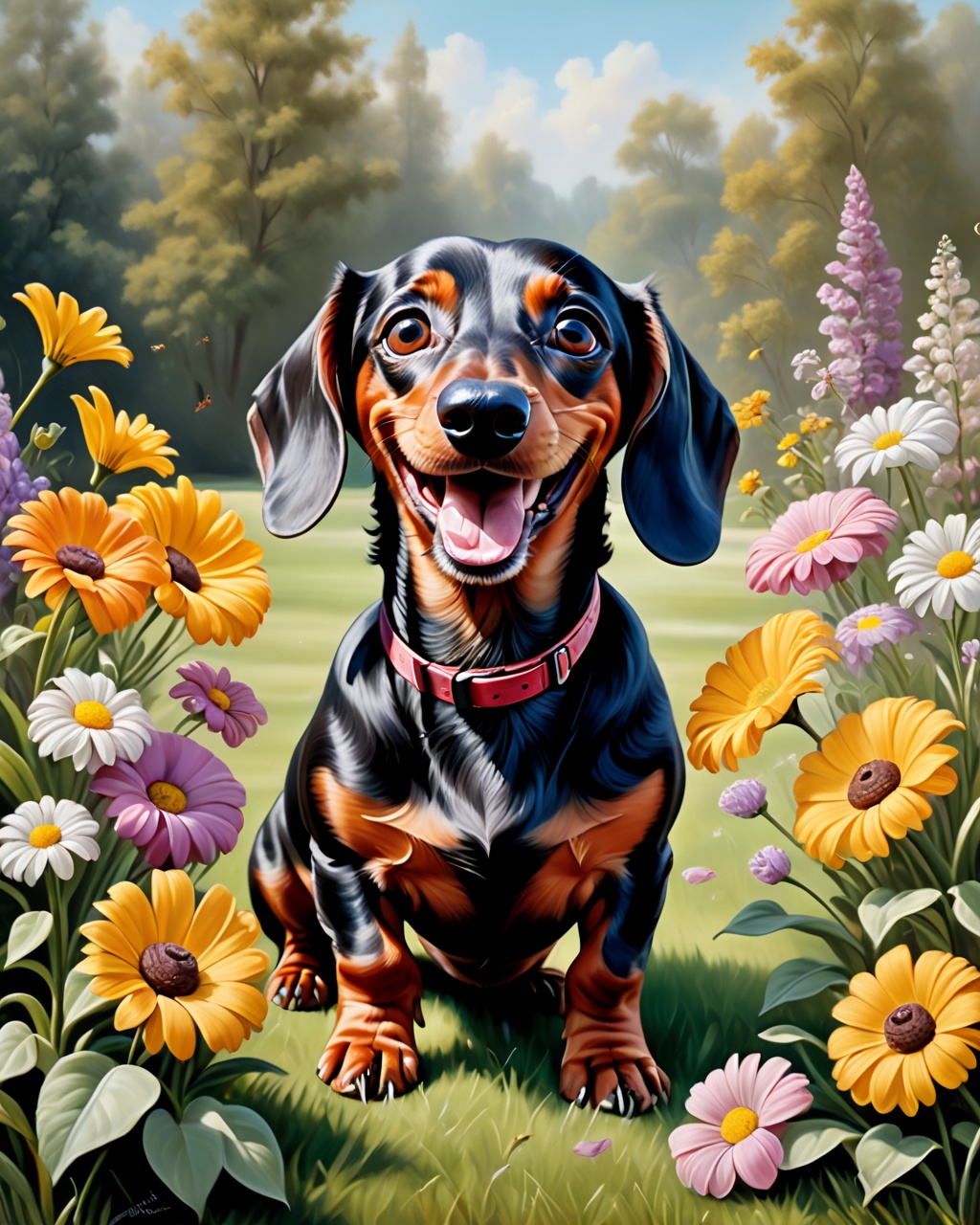 A hyper-realistic oil painting,  of an happy Dachshund ,  playing with flowers in the background on Tensor.Art