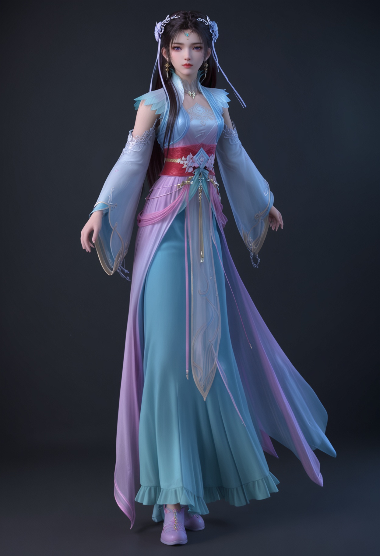 (full_body:1.1),(looking at viewer:1.1),facing viewer,direct gaze,<lora:YQ_pony_yiwenjun_V5:0.8>,1girl,q1528437228,solo,long hair,hair ornament,jewelry,earrings,dress,black hair,brown hair,sash,blue dress,hair bun,detached sleeves,forehead mark,long sleeves,purple eyes,hair flower,necklace,blue eyes,purple footwear,BREAK simple background,pure black background,black background,perfect anatomy,