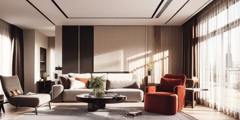 Modern Low Luxury Style,Realistic details,Indoor photography,day,indoors,english text,pillow,book,no humans,window,chair,table,sunlight,curtains,scenery,couch,wooden floor,lamp,cushion,carpet,