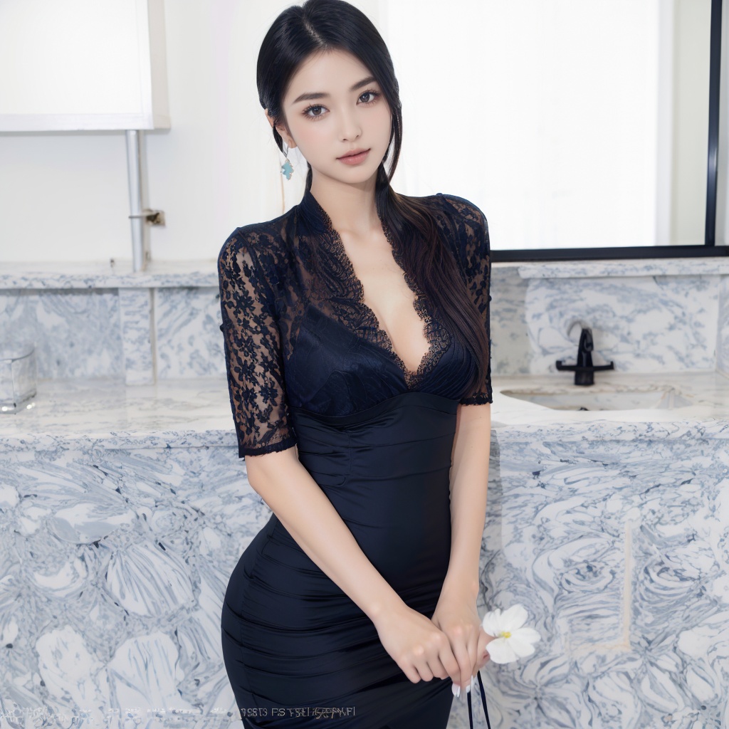 flower,bouquet,1girl,blue_flower,blue_nails,black_hair,solo,nail_polish,dress,realistic,white_flower,short_hair,blue_ribbon,earrings,<lora:美女低loss版:0.8>,