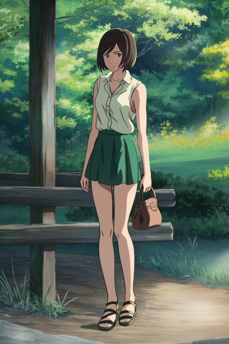((HRD, HUD, 8K)),((masterpiece, best quality)), highly detailed, soft light,1girl, solo, short hair, black hair, brown hair, bob cut, blue eyes,shirt, sleeveless, green skirt, sleeveless shirt,skirt, sandals,  full body, long legs, standing, looking at viewer,<lora:20240421-1713705200913:0.8>