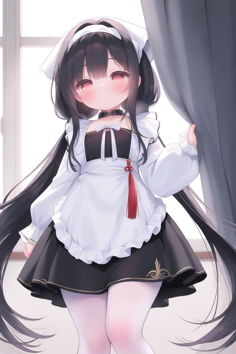 lazypos,lazy-you-know-who,masterpiece,best quality,<lora:Yoru_no_Hitsuji_Unet:1:1.2>,Yoru no Hitsuji,1girl,solo,you-know-who,petite,small girl,cowboy shot,<lora:changfeng:1>,changfeng,very long hair,black hair,low twintails,red eyes,changfengorigin,head scarf,white hairband,black collar,white apron,black dress,puffy sleeves,white pantyhose,black footwear,