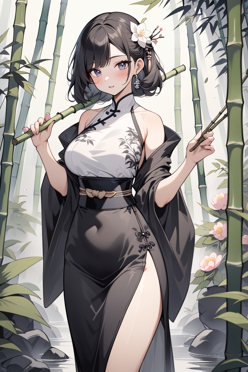 a woman with a flower in her hair holding a bamboo stick and a flower in her hair,standing in front of a bush,ink wash painting art style,<lora:糖果森林_XL_LoRA_v1.1:1>,, masterpiece,best quality,very aesthetic,absurdres,