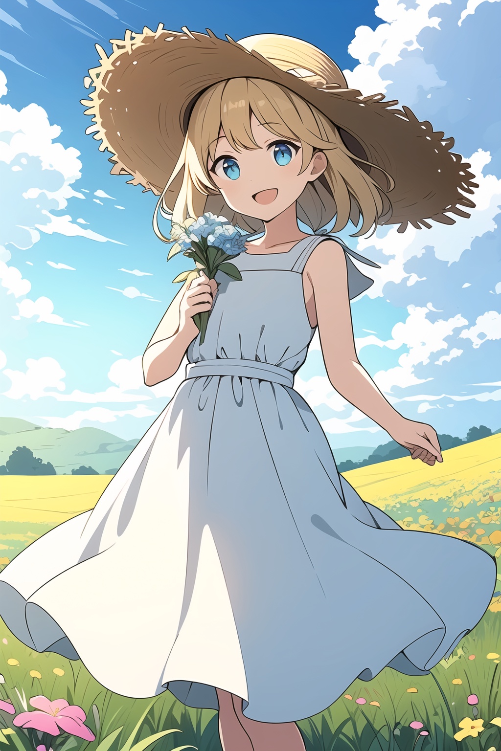 Girl,white dress,wearing a straw hat,cute,happy,field,flowers,grass,holding flowers,breeze,blue sky,white clouds,perfect face,best picture quality,8k resolution,undercut,<lora:Rabbit_B:0.3>,