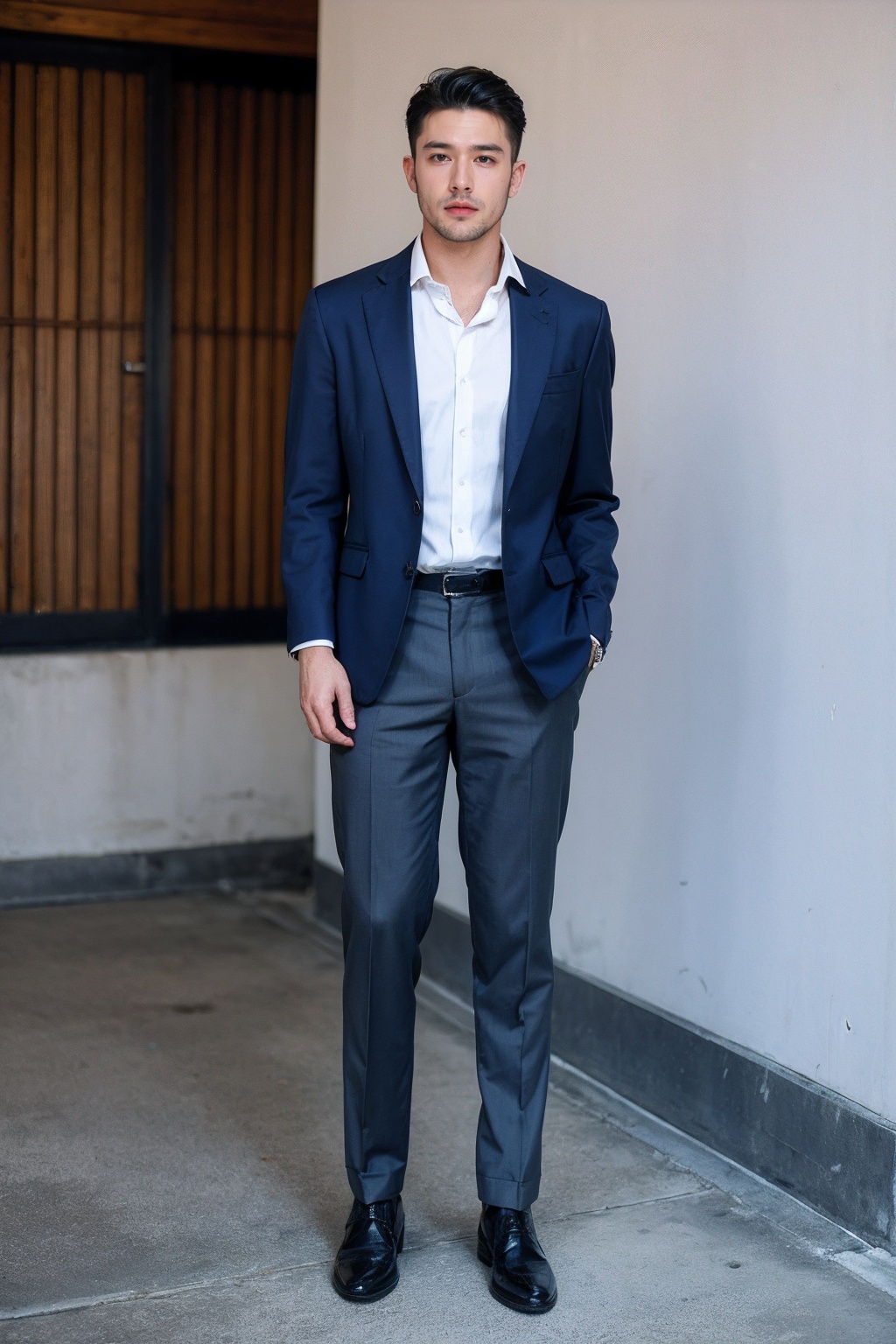(1man:1.4),(male:1.2),(full body:1.2),(Collared shirt and blazer and suit trousers:1.4),<lora:Male_1:0.8>,