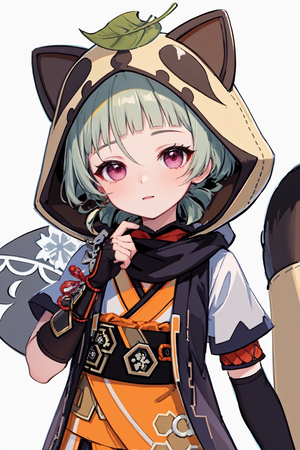 sayu_(genshin_impact),1girl,solo,short_sleeves,simple_background,fake_tail,raccoon_tail,looking_at_viewer,leaf_on_head,black_gloves,fingerless_gloves,animal_hood,japanese_clothes<lora:sayu_(genshin_impact):1>,simple background,white backgroundmasterpiece,best quality, highly detailed, 