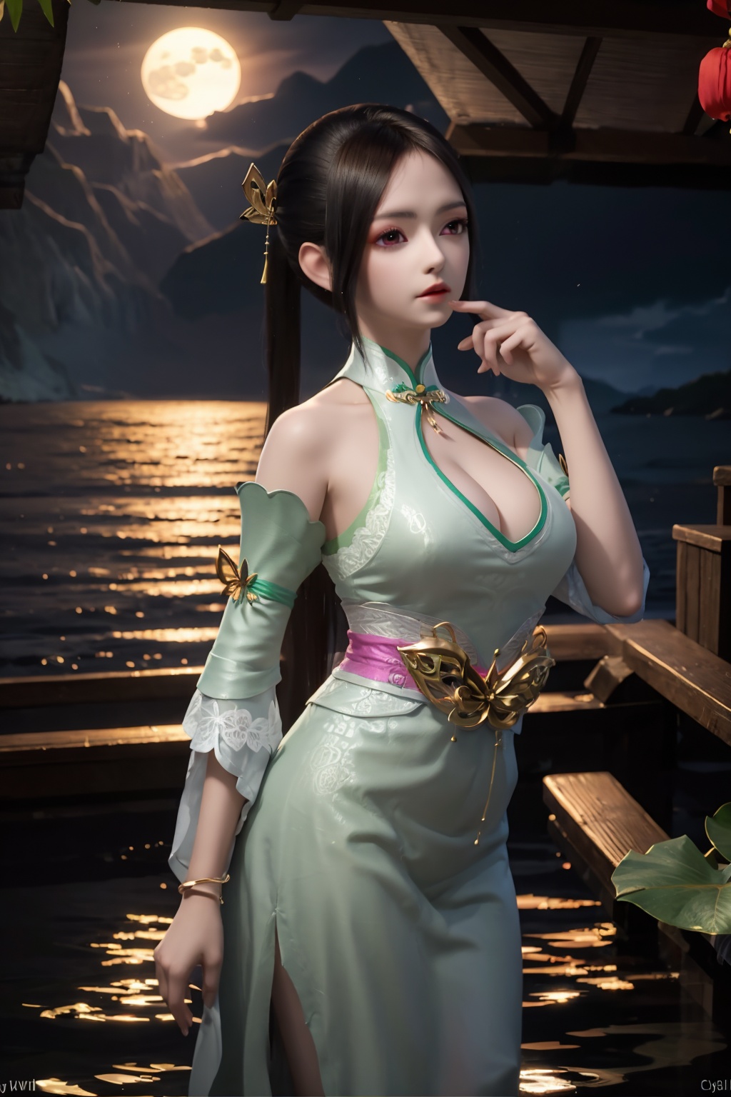 standing,dress,chinese clothes,flower,full_moon,moon,night,lily_pad,lotus,moonlight,nipples,water,night_sky,lily_\(flower\),sky,partially_submerged,1girl,solo,hair ornament,long hair,realistic,nail polish,photo_\(medium\),large breasts,cleavage,makeup,(8k, RAW photo, best quality, masterpiece:1.2),(realistic, photorealistic:1.3),ultra-detailed,extremely detailed cg 8k wallpaper,(crystalstexture skin:1.2),extremely delicate and beautiful,(sexy pose:1.2),