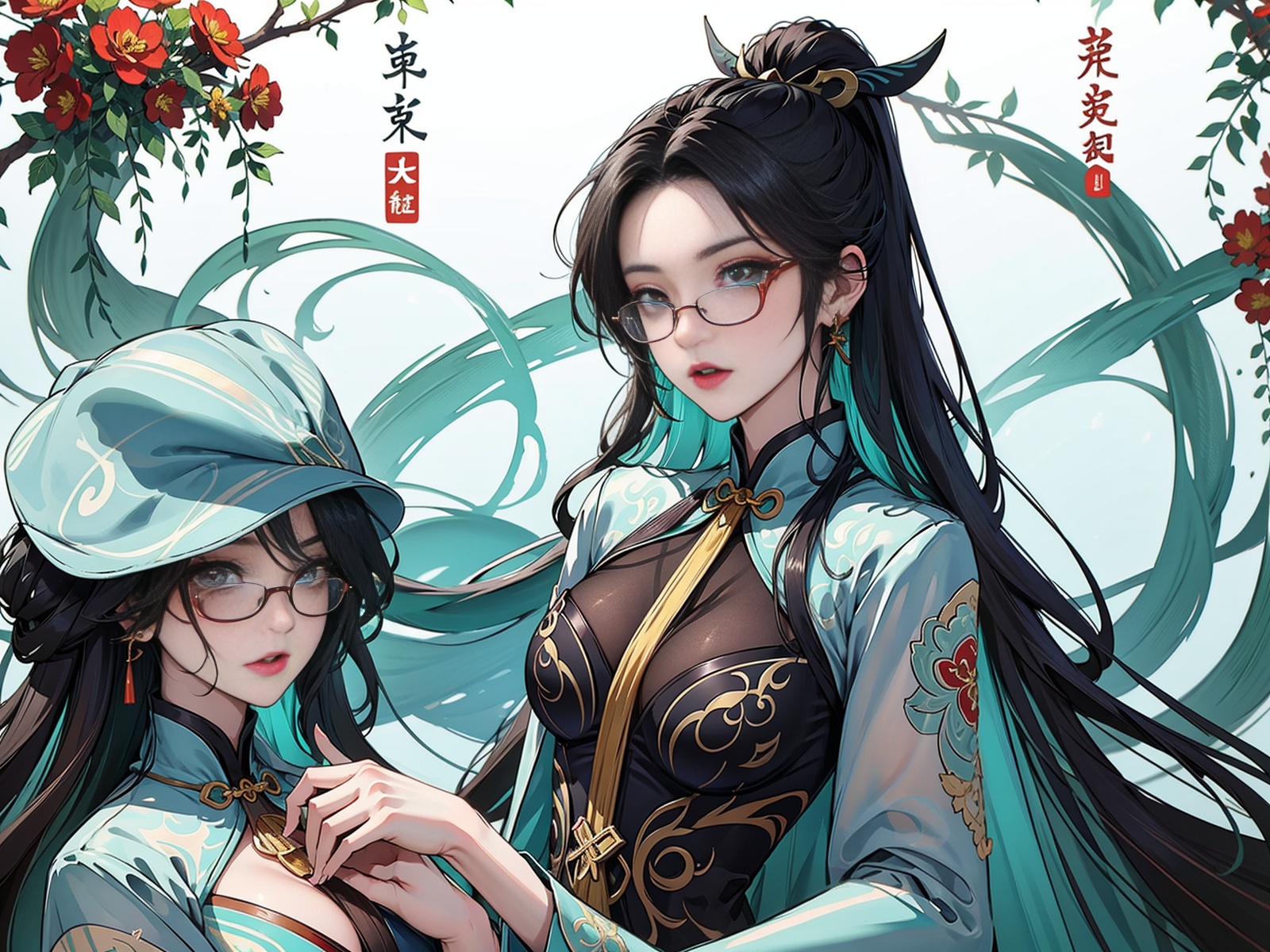 genshin_impact,Cloud Retainer,liuyunjiefeng, liuyunjiefeng_(genshin_impact),a woman with long hair and a white dress holding a cigarette in her hand and a flower in her hair, 1girl, glasses, hair_over_one_eye, earrings, flower, breasts, long_hair, green_eyes, dress, solo, chinese_clothes, black-framed_eyewear, jewelry, very_long_hair, looking_at_viewer, china_dress, long_sleeves, wide_sleeves, holding