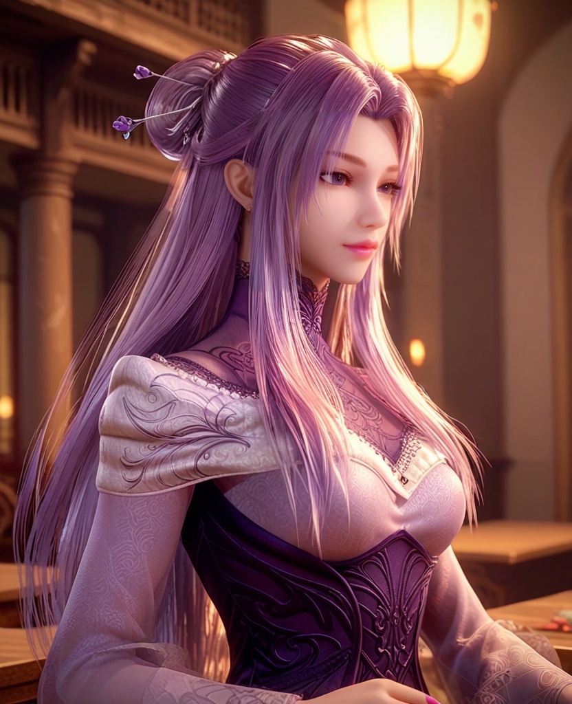 (oriental architecture, elegant decor, sophisticated style:1.1),(contrapposto:1.1),(breasts:1.2),<lora:XL秦时明月紫女仕女服:0.95>,1girl,dress,long hair,purple hair,purple eyes,corset,hair bun,hair ornament,hairpin,medium breasts,, score_9,score_8_up,score_7_up,score_6_up,score_5_up,score_4_up,3d rendering,tag1,tag2, Cinematic Lighting,backlighting,