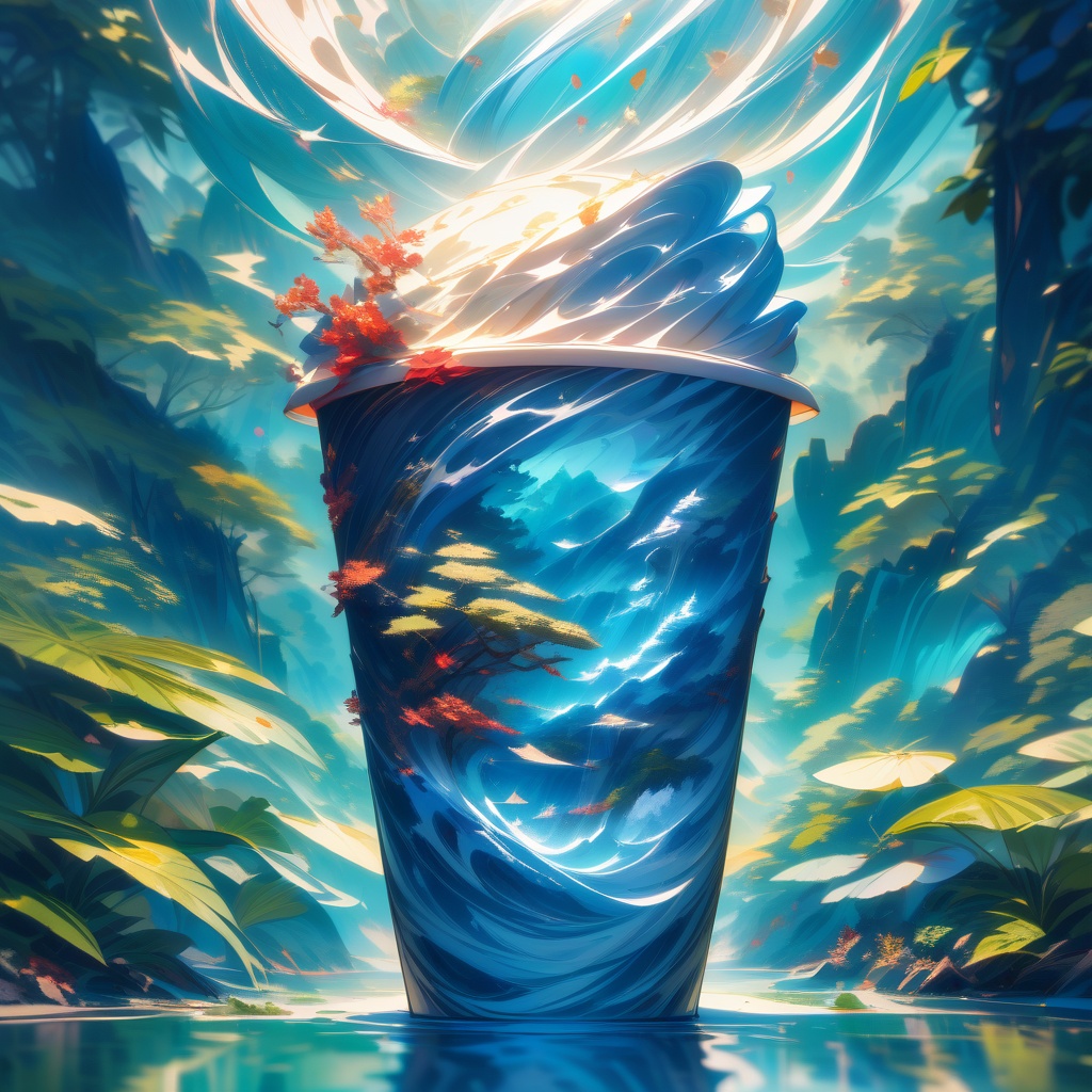 (masterpiece),The best quality,Official (Paper Cup),(Still Life Photography),(Surrealist Fantasy Style),Art,Aesthetic appreciation,(Emerald landscape wrapping paper cup 1.2),Milky white clear water,Chinese three-dimensional landscape painting,Chinese landscape painting,Blue theme,Surrealist dreamy style,Creamy organic fluids,Traces of light,Foreground occlusion,Natural light,Jungle,C4,Overclocked rendering,Product photography,Surrealist fantasy style,creamy organic liquid,ray tracing,foreground occlusion,natural light,jungle,C4,landscape theme,High quality,