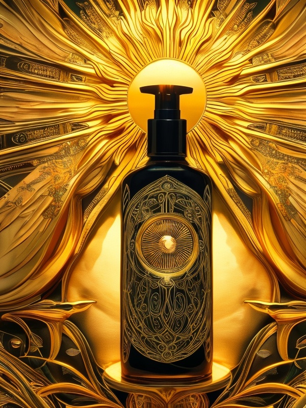 <lora:阳光浮雕包装容器_V1:1>,A luxurious cosmetic bottle with an intricate Art Nouveau-inspired sun relief background, showcasing smooth reflective surfaces and detailed embellishments, exuding elegance and early 20th-century artistic charm, high-quality full shot body photo of a sophisticated art nouveau inspired cosmetic bottle against a luxurious sun relief backdrop, polished surface, delicate patterns, flowing lines, noble and elegant scene, early 20th century art ambiance