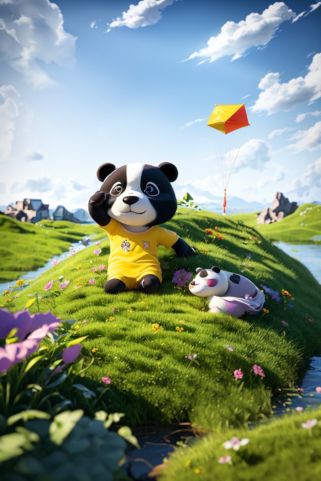 OC rendering,C4D,3D,product photography,still life,A Q cute panda wearing yellow clothes is holding a kite in its hand,and behind it is a little duck wearing purple clothes,climbing up the grassy slope,; Blue gradient sky,clouds,ultra wide angle view,top-down view,unmanned,