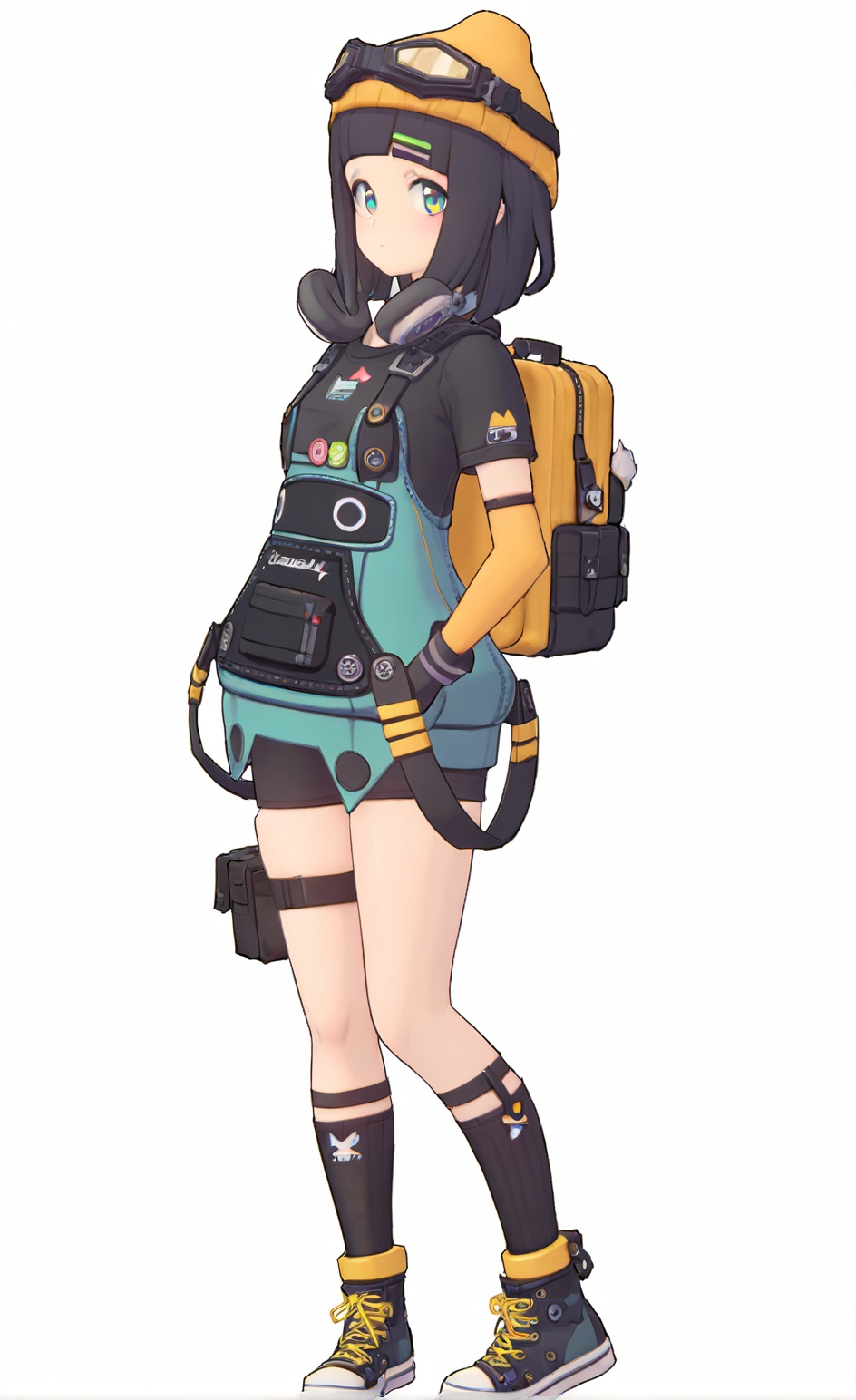 8k, best quality, masterpiece, (ultra-detailed), (high detailed skin), (white background), (full body:1.2), (white background), standing, looking at viewer, (solo:1.2), hands on  hip, <lora:zzzstyle-artiwaifu-Tanger-000011:0.8>, suxi, suxi's def clothes, zzz style, 1girl, solo, black hair, backpack, short hair, goggles, blue eyes, bag, socks, 