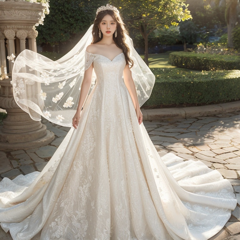 Best Quality,Masterpiece:1.4),(Realism:1.2),(Realisitc:1.2),4K,(photorealistic:1.3),1girl, white wedding dress,long dress,outdoors, flower,  jewelry,print,(Long Wavy Hair),hunsha,veil,Earrings,Jewelry,Tindal Light,  <lora:YG梦中婚纱4:0.7>,