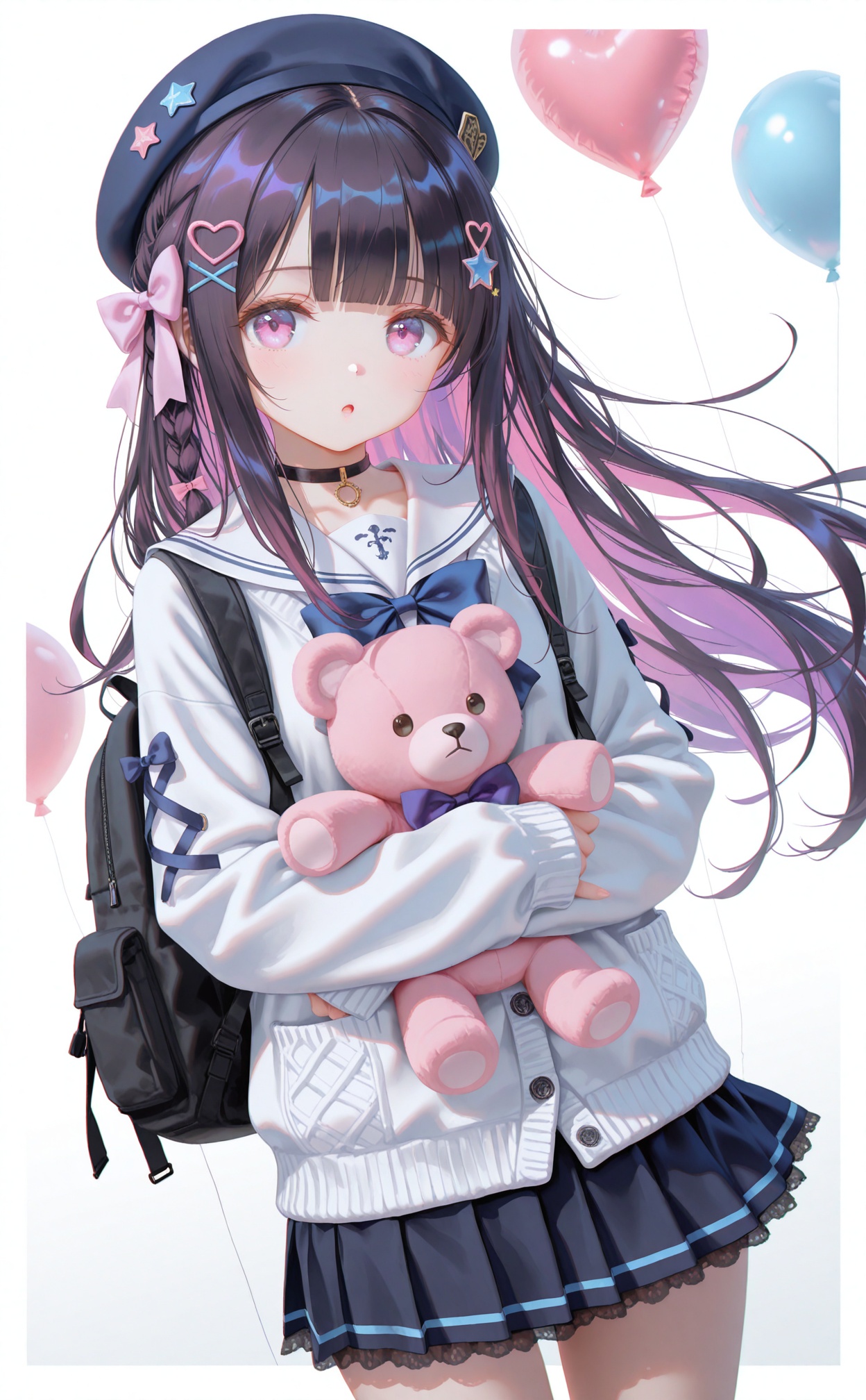 masterpiece,very aware,highres,absurdres,newest,best quality,petite,high quality,chromatic_aberration,cinematic_angle,dutch angle,//,artist:torino aqua,artist:rhasta,artist:wlop,artist:ke-ta,artist:hiten \(hitenkei\),//,1girl, stuffed toy, stuffed animal, skirt, bow, solo, pink bow, hair bow, long hair, hair ornament, looking at viewer, sailor collar, teddy bear, blush, black hair, hat, bowtie, pleated skirt, hairclip, long sleeves, multicolored hair, black skirt, holding stuffed toy, white sailor collar, blue bow, school uniform, holding, pink bowtie, blunt bangs, purple eyes, sleeves past wrists, pink hair, parted lips, shirt, cowboy shot, pink eyes, blue skirt, colored inner hair, white sweater, cardigan, beret, :o, white cardigan, white shirt, serafuku, choker, sweater, pastel colors, phone, border, multiple hair bows, black headwear, sidelocks, floating hair, stuffed rabbit, bear, cellphone, purple hair, two-tone hair, miniskirt, backpack, ribbon, sleeves past fingers, bag, closed mouth, star (symbol), x hair ornament, blue bowtie, braid, open mouth, standing, smartphone, blue headwear, white background, lollipop, candy, food, very long hair, frills, heart, hair ribbon, blue shirt, light blush, frilled skirt, heart hair ornament, cross-laced sleeves, pink ribbon, white border, hairpin, balloon, hugging object, star hair ornament, simple background, purple bow