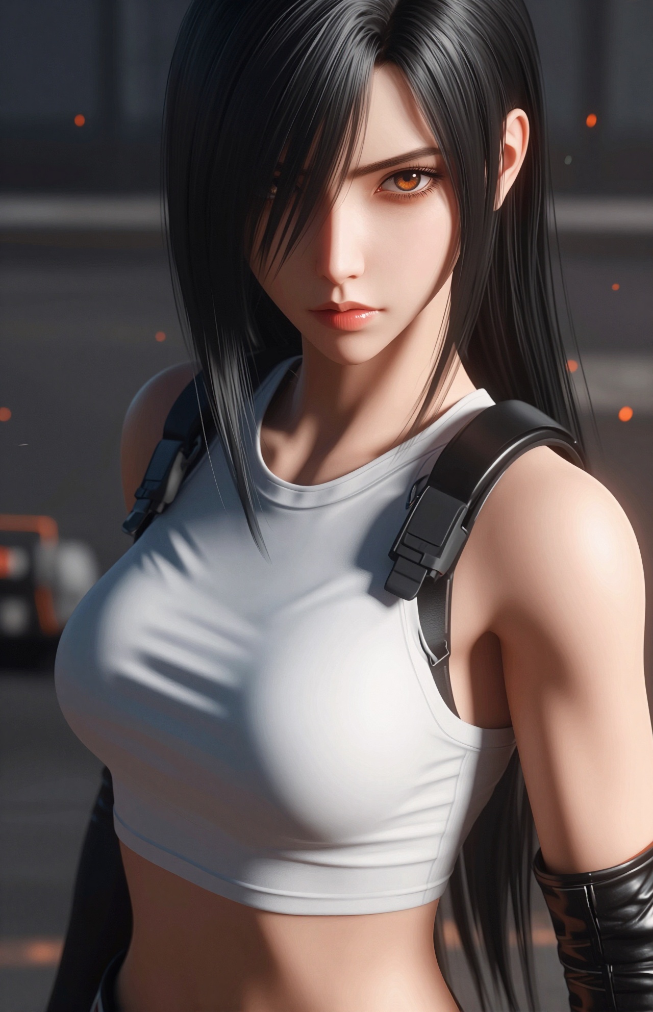 YY Anime style,This is a digital illustration of a young woman with a strong, athletic build, rendered in a realistic style with a slight anime influence. She has long, straight black hair that partially covers her right eye, adding a sense of mystery and intensity to her expression. Her eyes are a striking, piercing brown, looking directly at the viewer with a determined gaze.She is wearing a white, sleeveless crop top that highlights her toned, muscular arms and midriff. The top is form-fitting and has a slight sheen, suggesting a smooth, stretchy fabric. Over her shoulders, she has black, tactical-looking straps that add to her combat-ready appearance. Her right arm is partially visible and is covered by a black, fingerless glove with red accents, indicating she may be a warrior or fighter.The background is blurred, focusing attention on the woman, but it appears to be a dark, industrial setting with dim lighting and scattered, glowing embers, adding a dramatic and gritty atmosphere to the scene. The lighting is soft but directional, highlighting her facial features and the contours of her body, creating a sense of depth and realism. The overall composition and detail suggest a character from a video game or an action-oriented narrative.