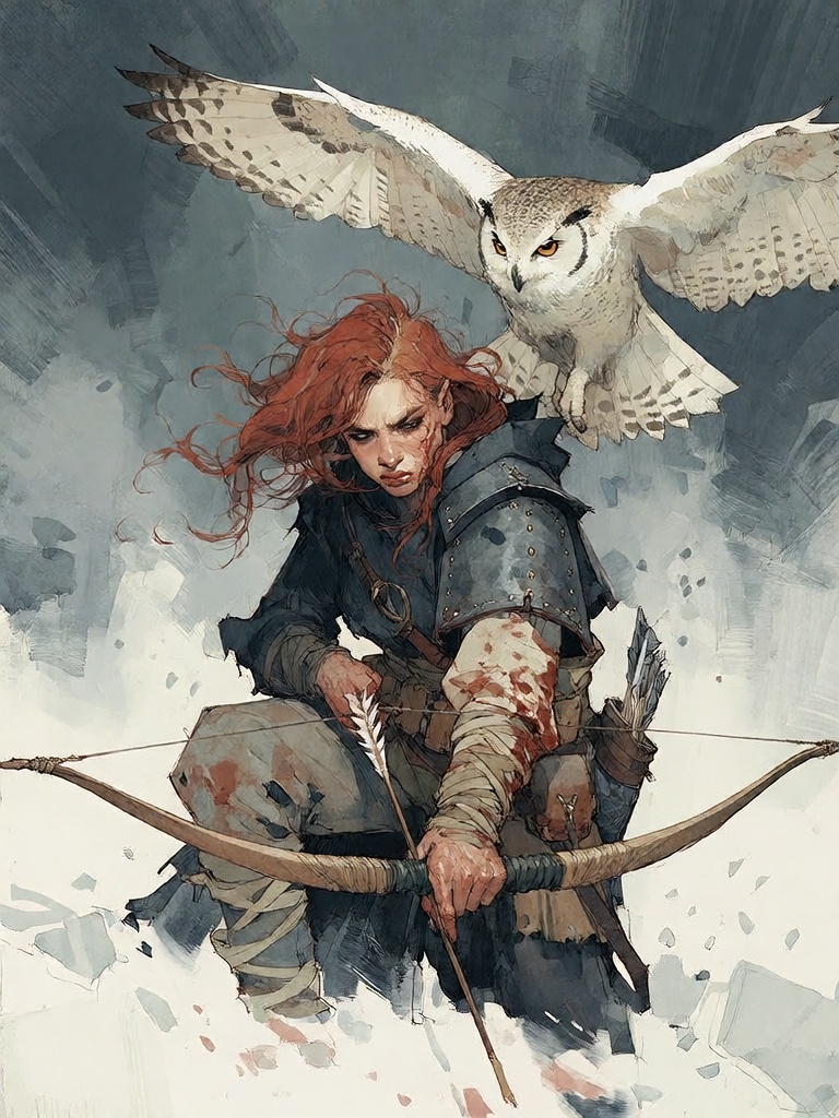 Bradhamel art style. A gritty,  painterly illustration of a hunched,  bloodied warrior with wild red hair and tattered dar...