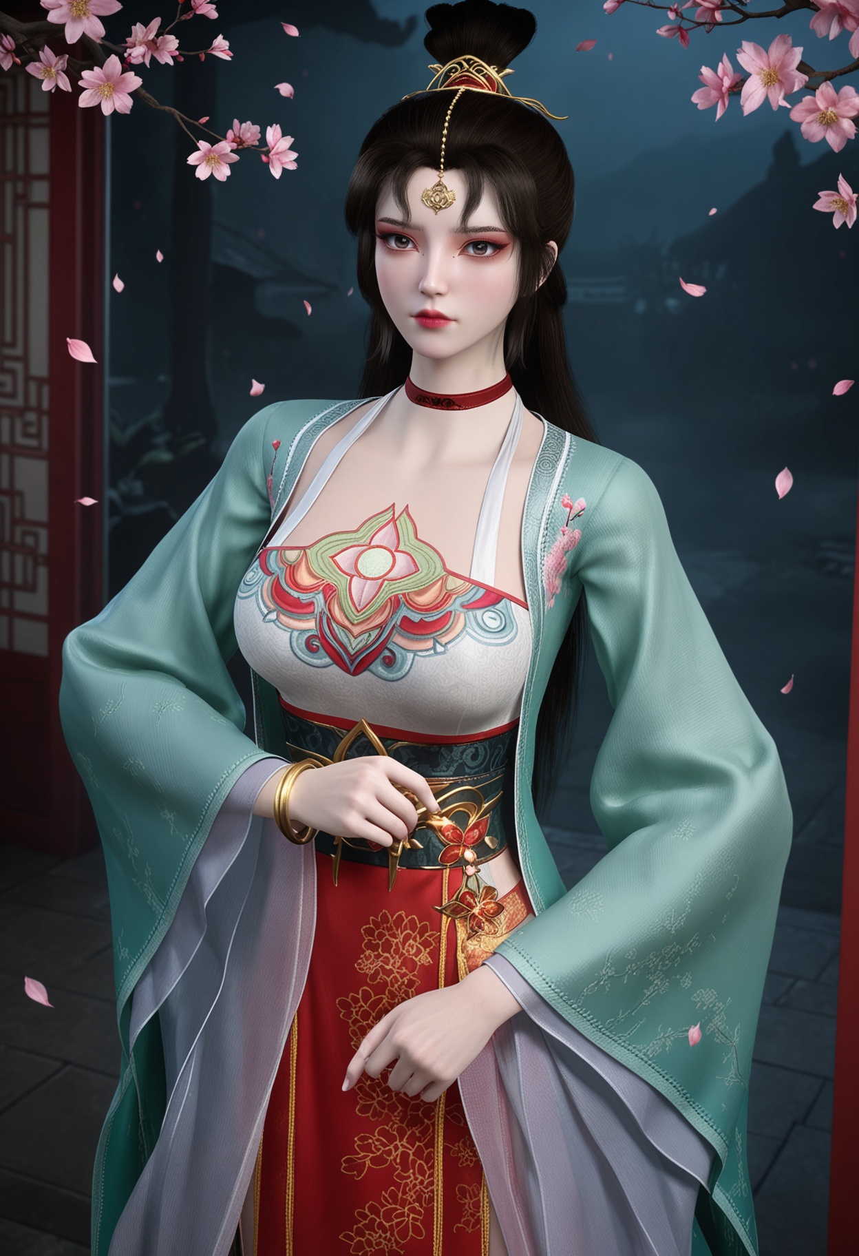 (cowboy shot:1.1),(looking at viewer:1.1),masterpiece,(best quality),smog,Dark room,dim lighting,peach blossom,falling petals,<lora:YQ_Illustrious光辉v5_墨云_V1:0.8>,q1528437228,1girl,solo,black hair,long hair,choker,red choker,hair ornament,dress,chinese clothes,long sleeves,jewelry,forehead mark,bracelet,wide sleeves,hair bun,brown hair,mole under eye,brown eyes,eyeshadow,red footwear,