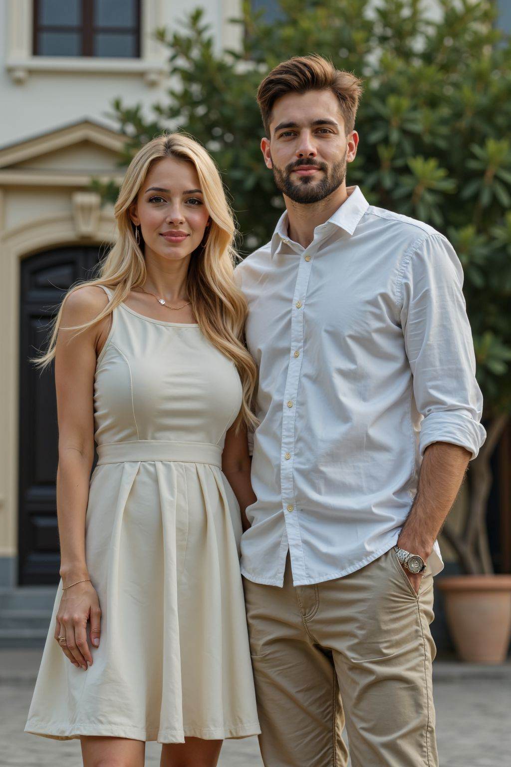 HDR photo of cinematic film still this is a young couple outdoors. The woman with long blonde hair, wears a light boatneck dress and skirt. Standing in front of the building,
