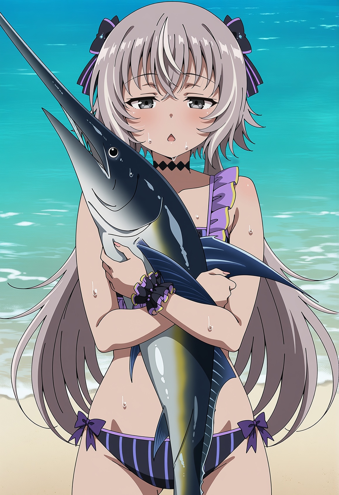 anime coloring,  anime screencap,  girl in a swimsuit hugging an swordfish on Tensor.Art