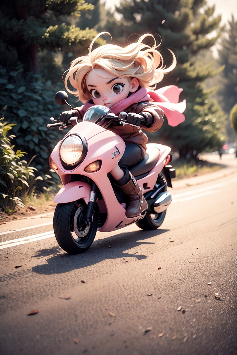 "Describe the object" : "a girl riding a motorcycle",1girl,pink long upper shan,ground vehicle,solo,gloves,motor vehicle,helmet,black eyes,boots,goggles,white gloves,blonde hair,riding,scarf,short hair,smoke,C4D,3D,running on the road,tree,