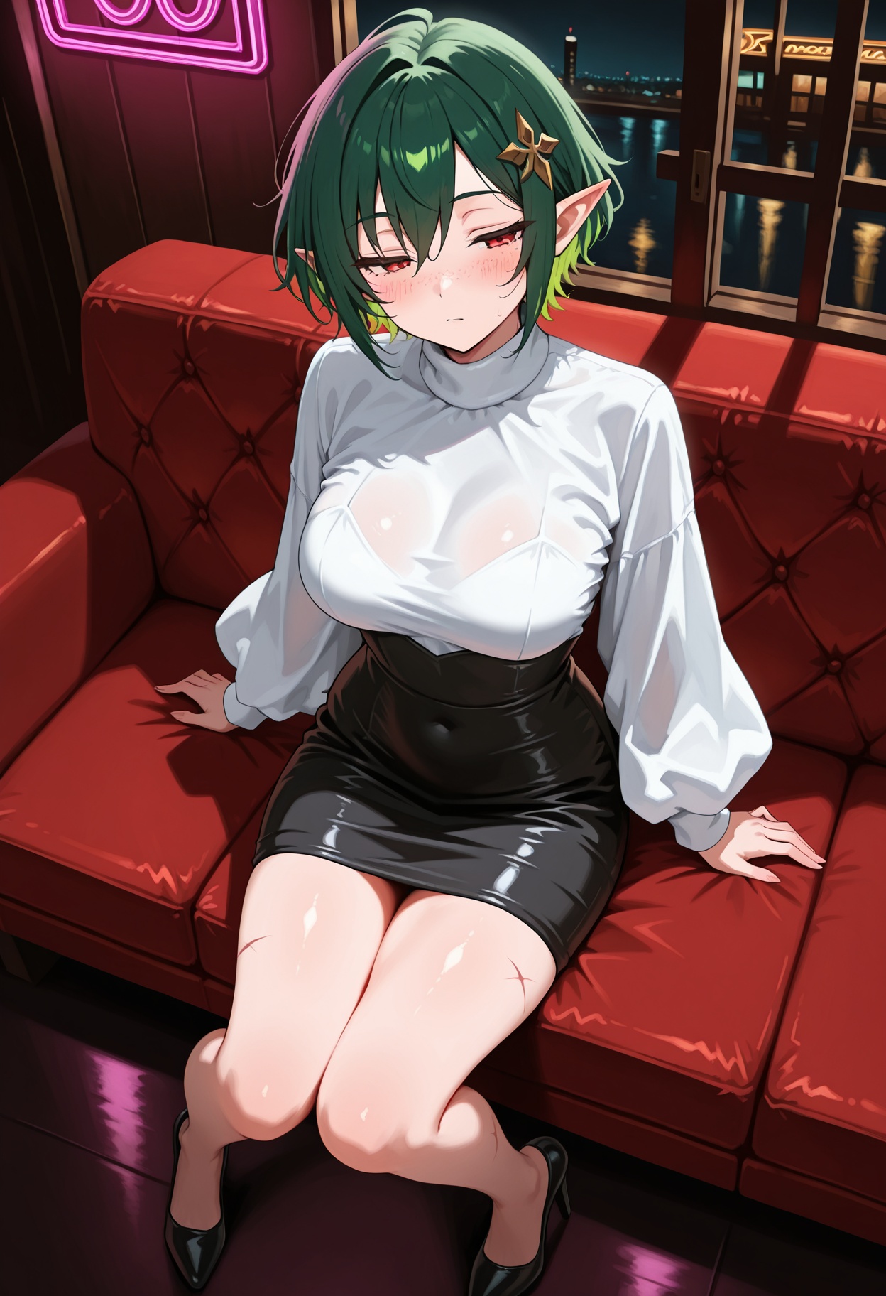 solo,  1girl,  green hair on Tensor.Art