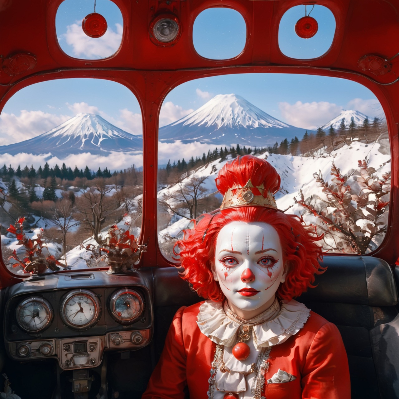 aw0k euphoricred style,  clown sitting in a car looking to the window to mountain fuji,  sad expression on Tensor.Art