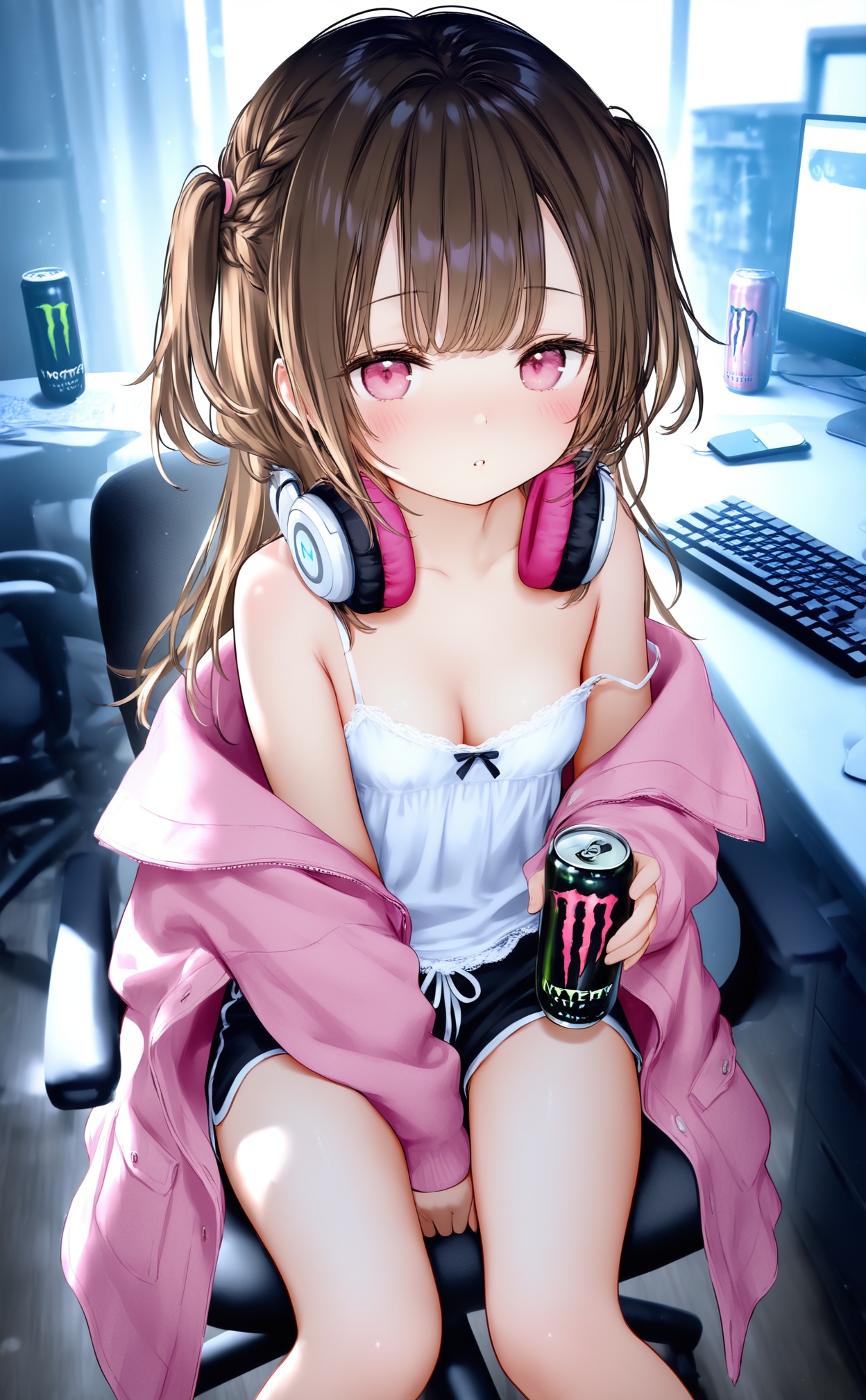 masterpiece,best quality,high quality,loli,chromatic_aberration,Blue Theme,//,1girl,solo,sitting,headphones,chair,jacket,shorts,headphones around neck,two side up,strap slip,phone,short shorts,looking at viewer,pink jacket,off shoulder,holding,can,breasts,indoors,cellphone,long hair,brown hair,camisole,open clothes,bare shoulders,open jacket,small breasts,between legs,keyboard (computer),on chair,pink eyes,braid,collarbone,long sleeves,blush,energy drink,hand between legs,black shorts,bangs,cleavage,feet out of frame,office chair,white camisole,parted lips,smartphone,monster energy,soda can,mouse (computer),controller,//,year_2023,year_2024,//,official art,depth of field,detailed light,blurry background,cinematic lighting,ray tracing,ultra detailed,god rays,backlighting,photo background,film grain,chromatic aberration,volumetric lighting,depth of field,blurry background,cinematic lighting,day,very aesthetic,