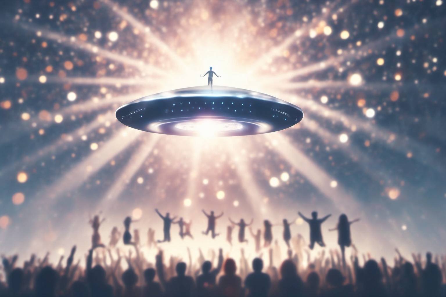 A UFO beaming up ((people flying in the sky)),  people fly into the UFO via the beam,  bokeh city backdrop on Tensor.Art