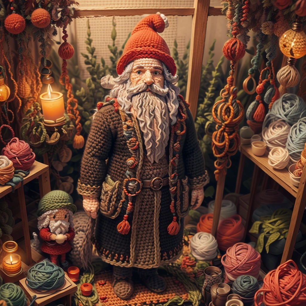 solo,crochet figures,in a scene of pure kindness,looking at viewer,indoor,colors blend and greet,standing,full body,facial hair,red headwear,beard,<lora:knitting:1>,