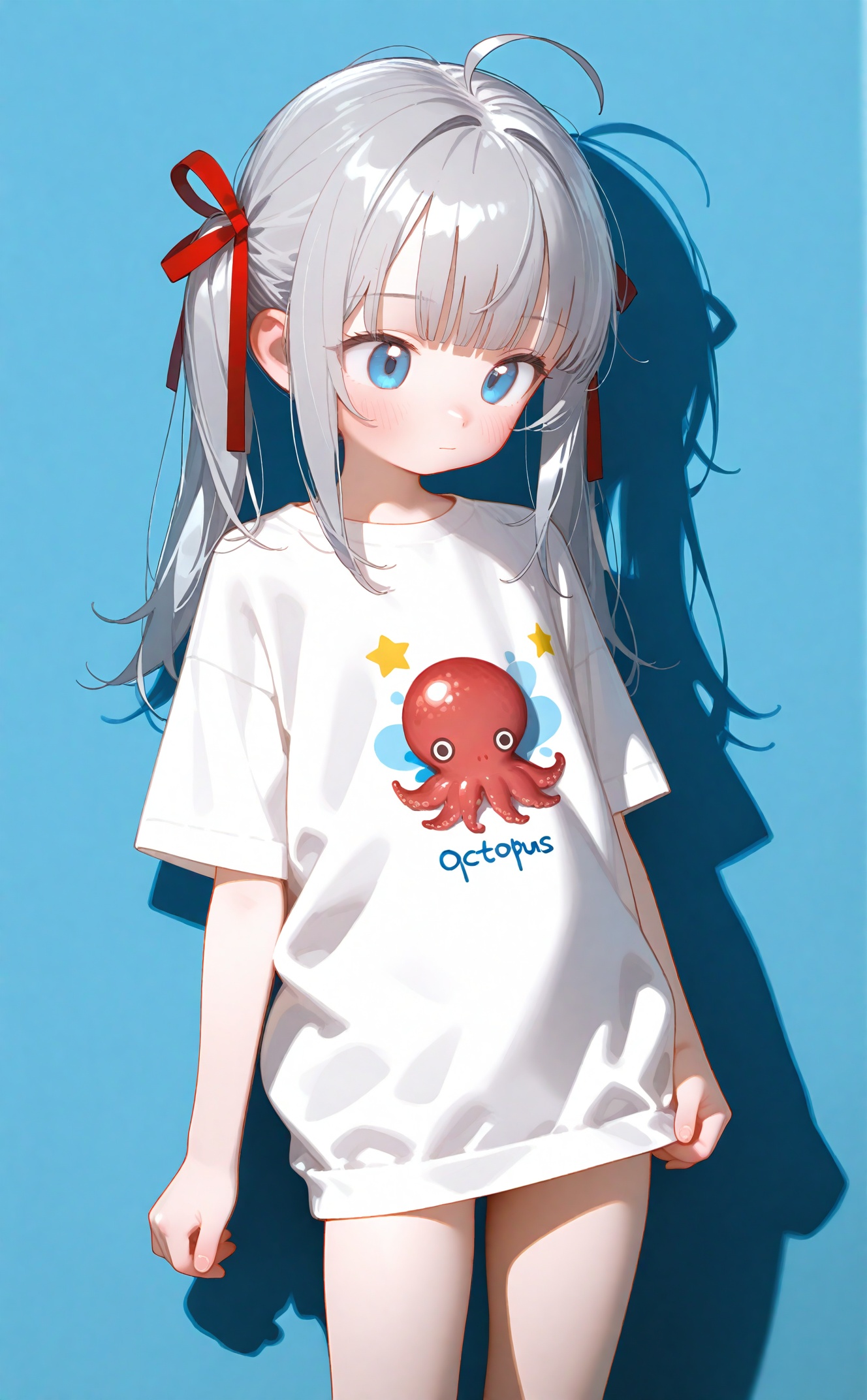 high, 1girl, blue eyes, shirt, white shirt, print shirt, blush, long hair, solo, closed mouth, short sleeves, grey hair, octopus, ribbon, t-shirt, hair ribbon, red ribbon, shadow, standing, ahoge, star (symbol), blue background, cowboy shot, feet out of frame, side ponytail, twintails, blunt bangs, no pants<lora:fangdongye-000008:1>